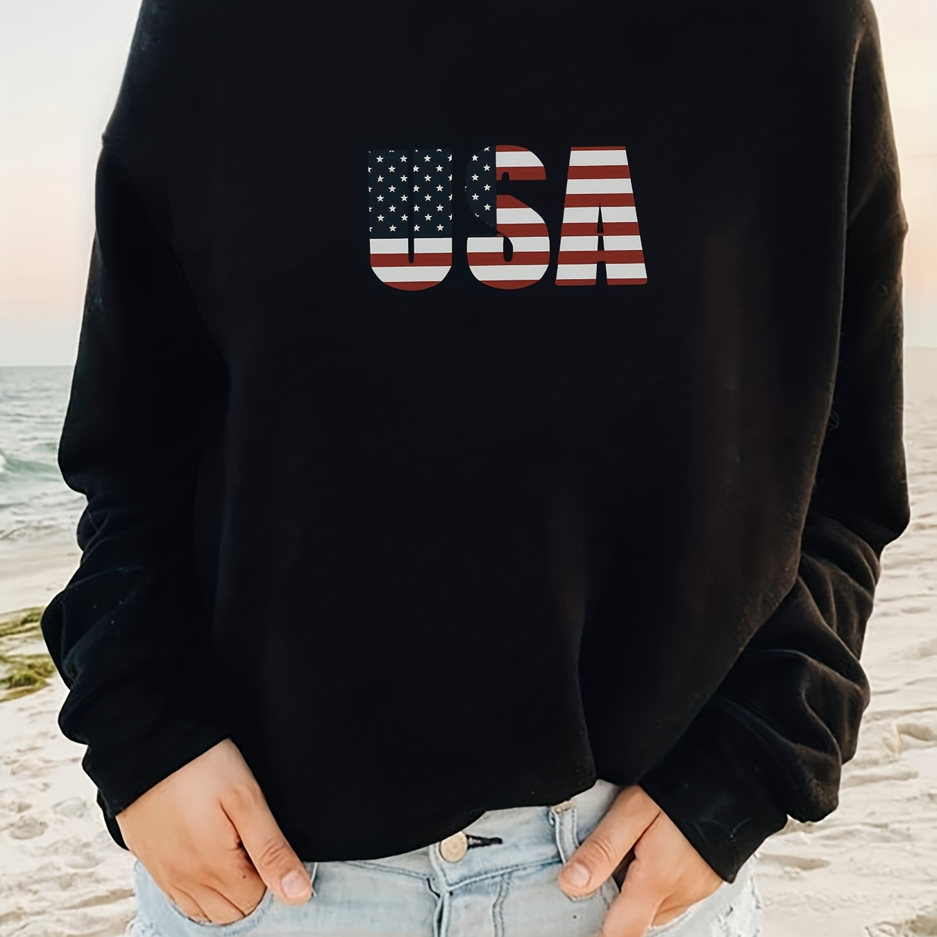 

Flag Style Usa Print Sweatshirt, Casual Long Sleeve Crew Neck Sweatshirt, Women's Clothing