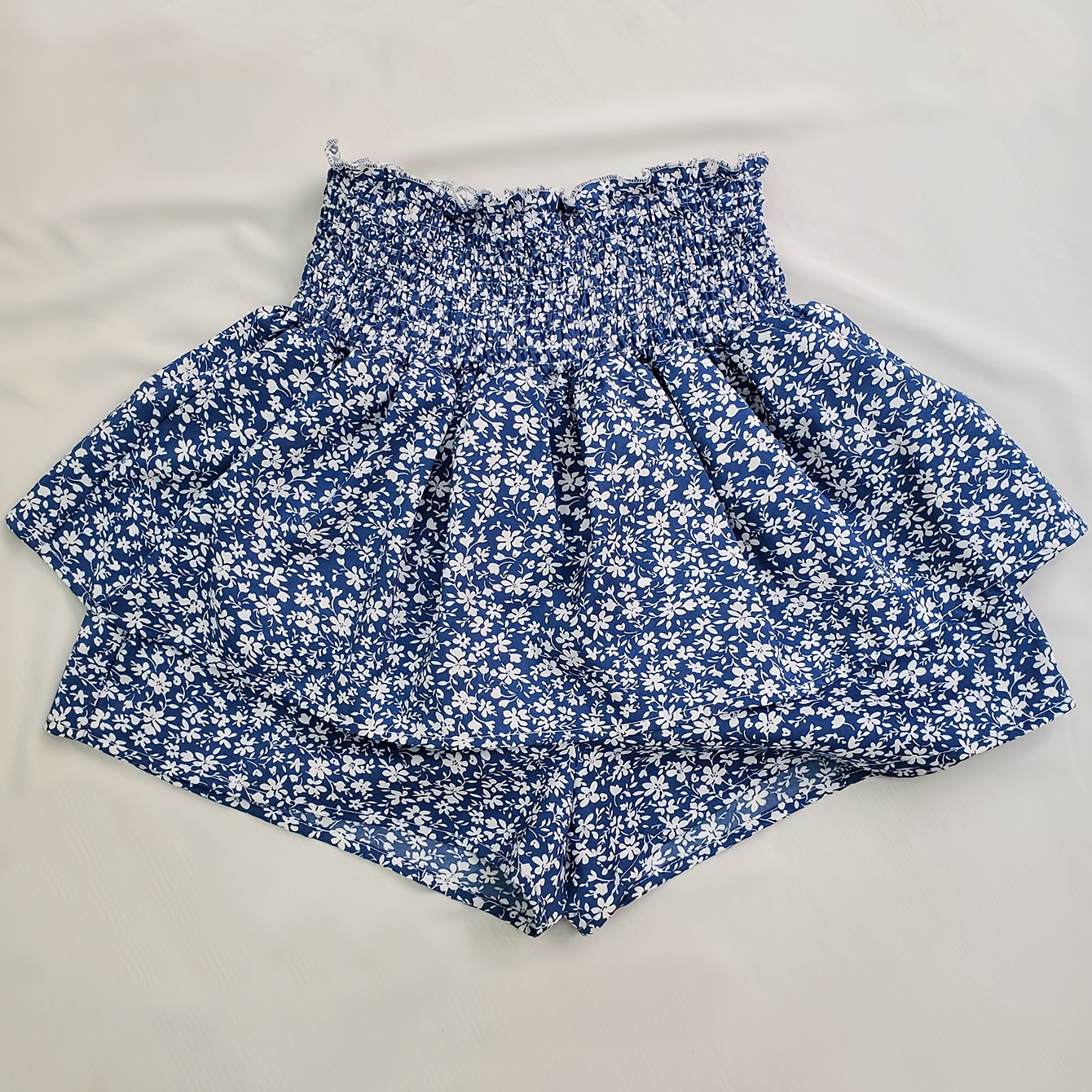 

Floral Print Shirred Waist Skorts, Elegant Layered Hem Shorts For Spring & Summer, Women's Clothing