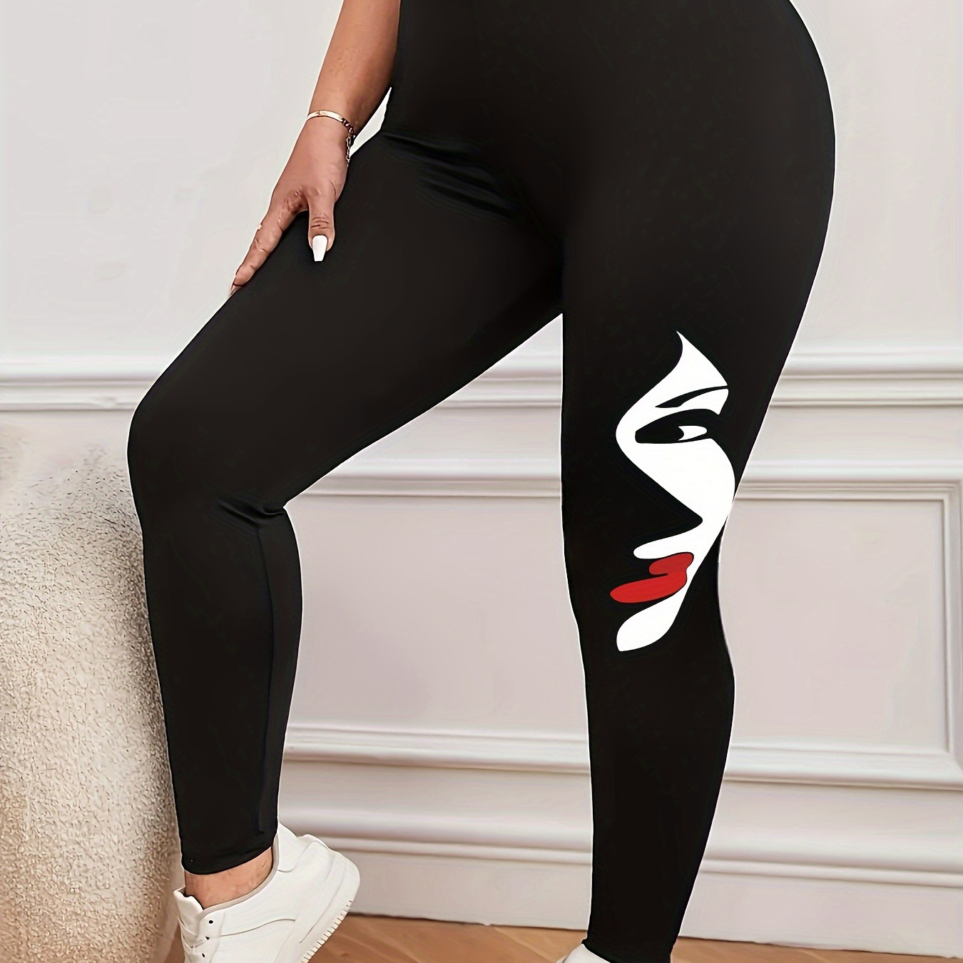 

Plus Size Face Print Skinny Leggings, Casual Every Day Stretchy Leggings, Women's Plus Size Clothing