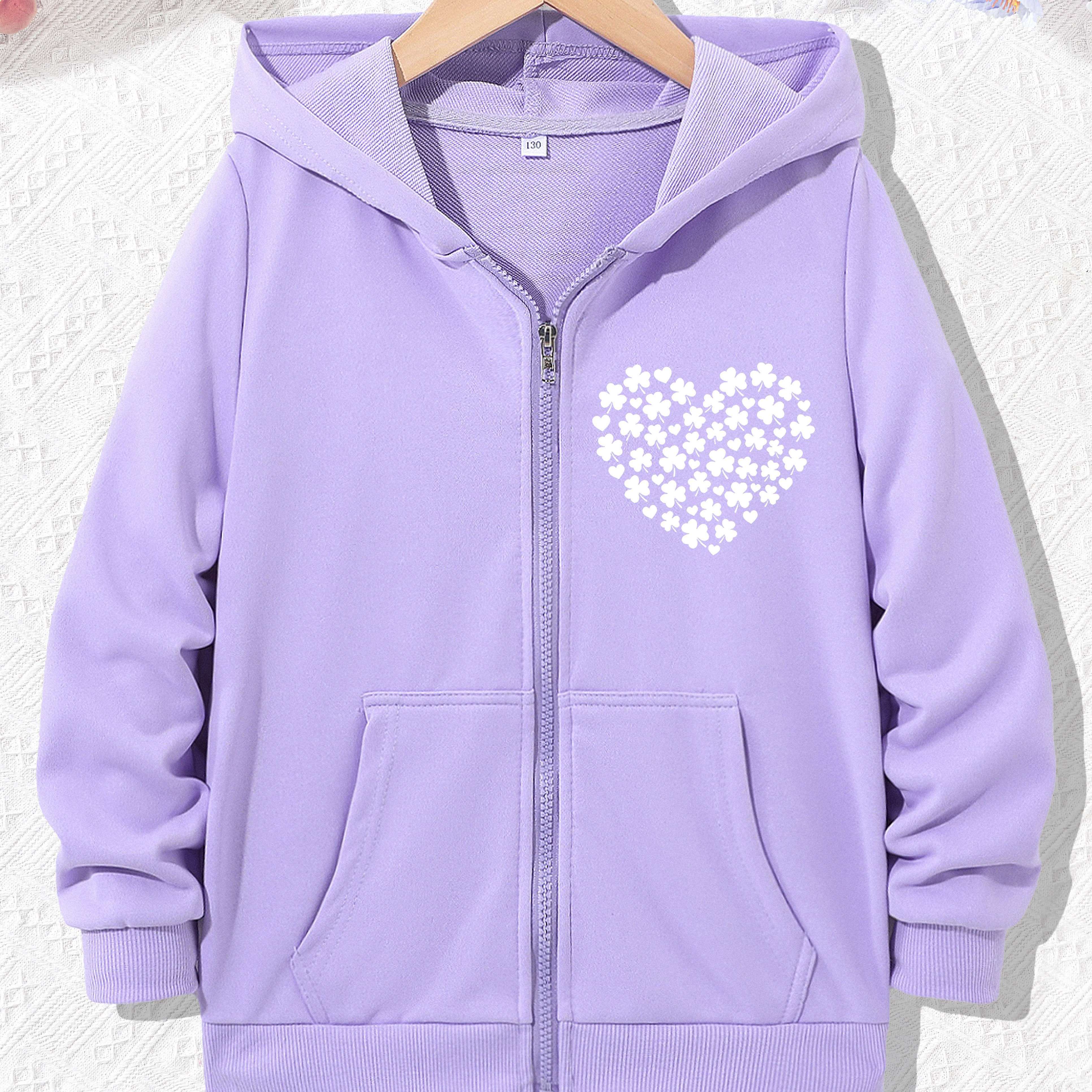 

Lucky Clovers Heart Print Girls Boys Zip-up Hoodie For St. Patrick's Day, Loose Fit Sports Hoodie Jacket With Pockets