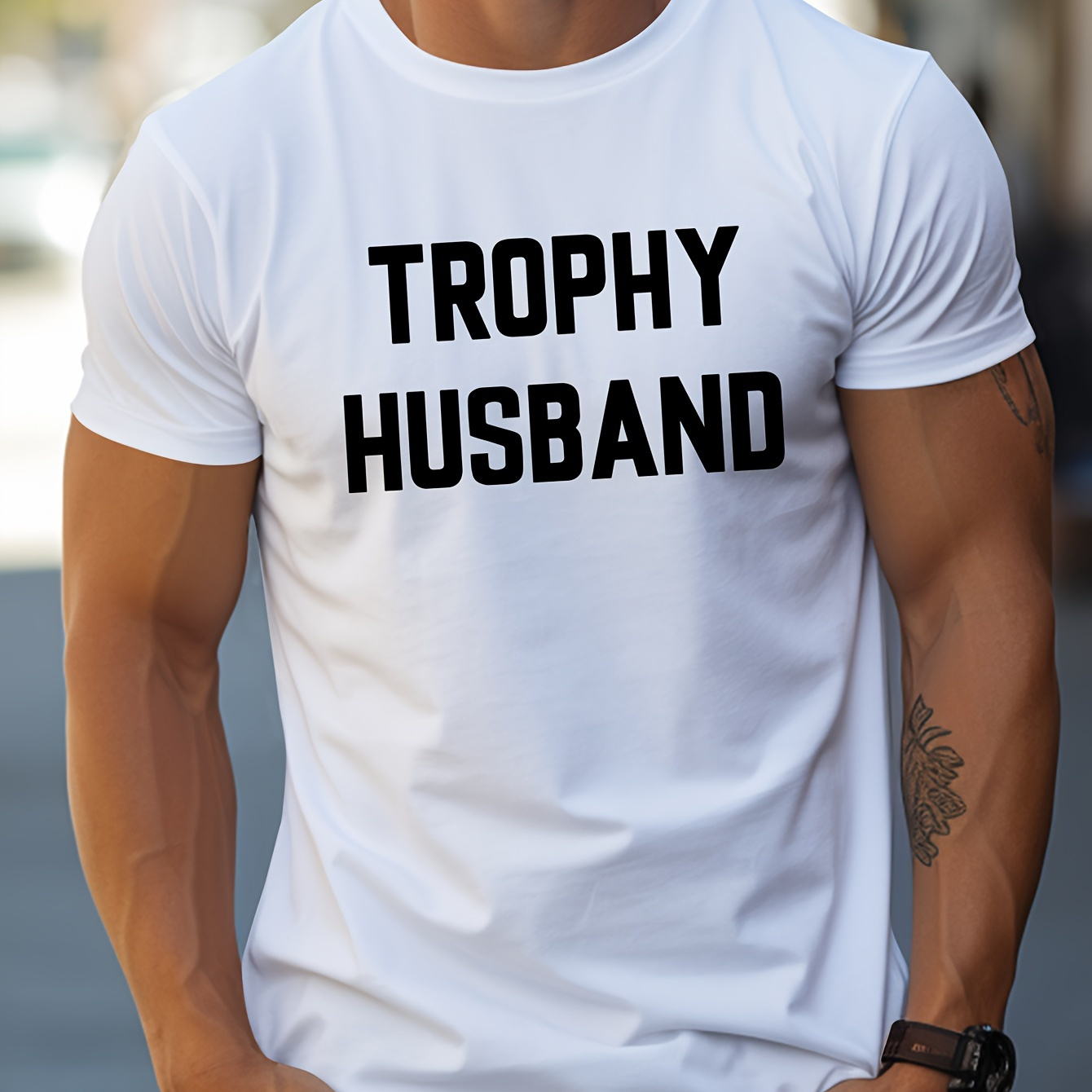 

trophy Husband" Print T-shirt, Men's Casual Street Style Stretch Round Neck Tee Shirt For Summer