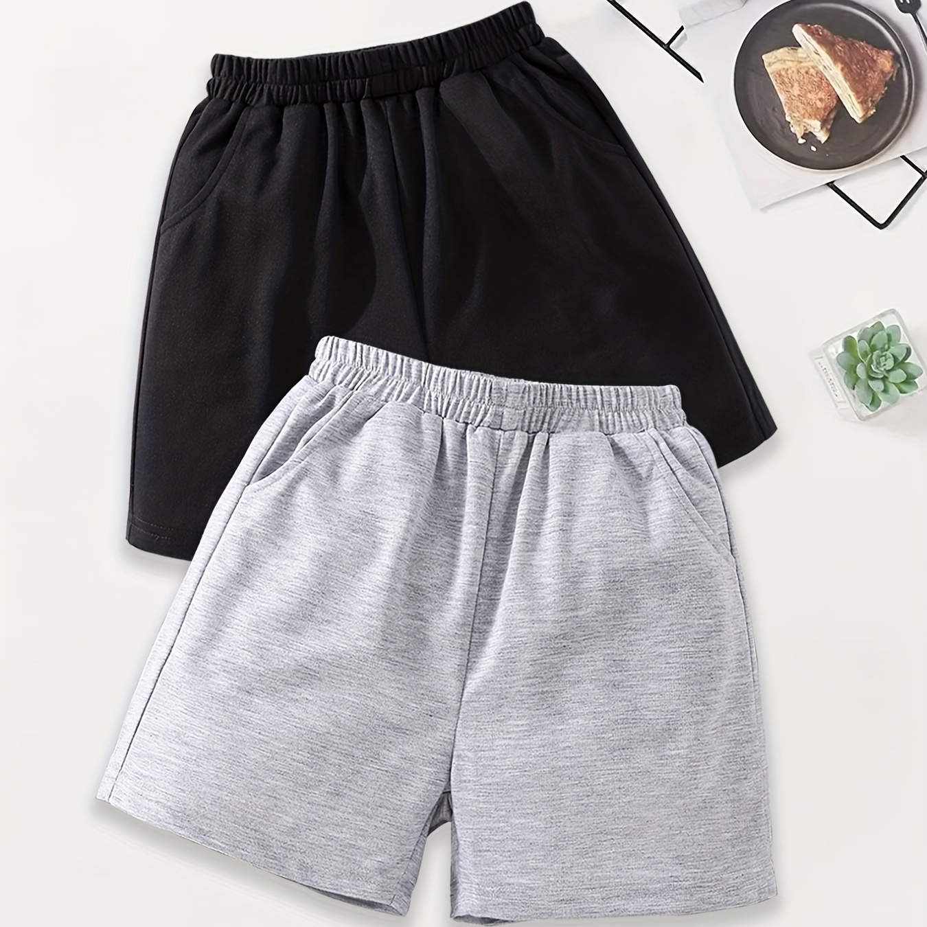

2pcs Kid's Basic Sweatshorts With Pockets Sports Casual Loose Fit Summer Shorts For Girls Boys