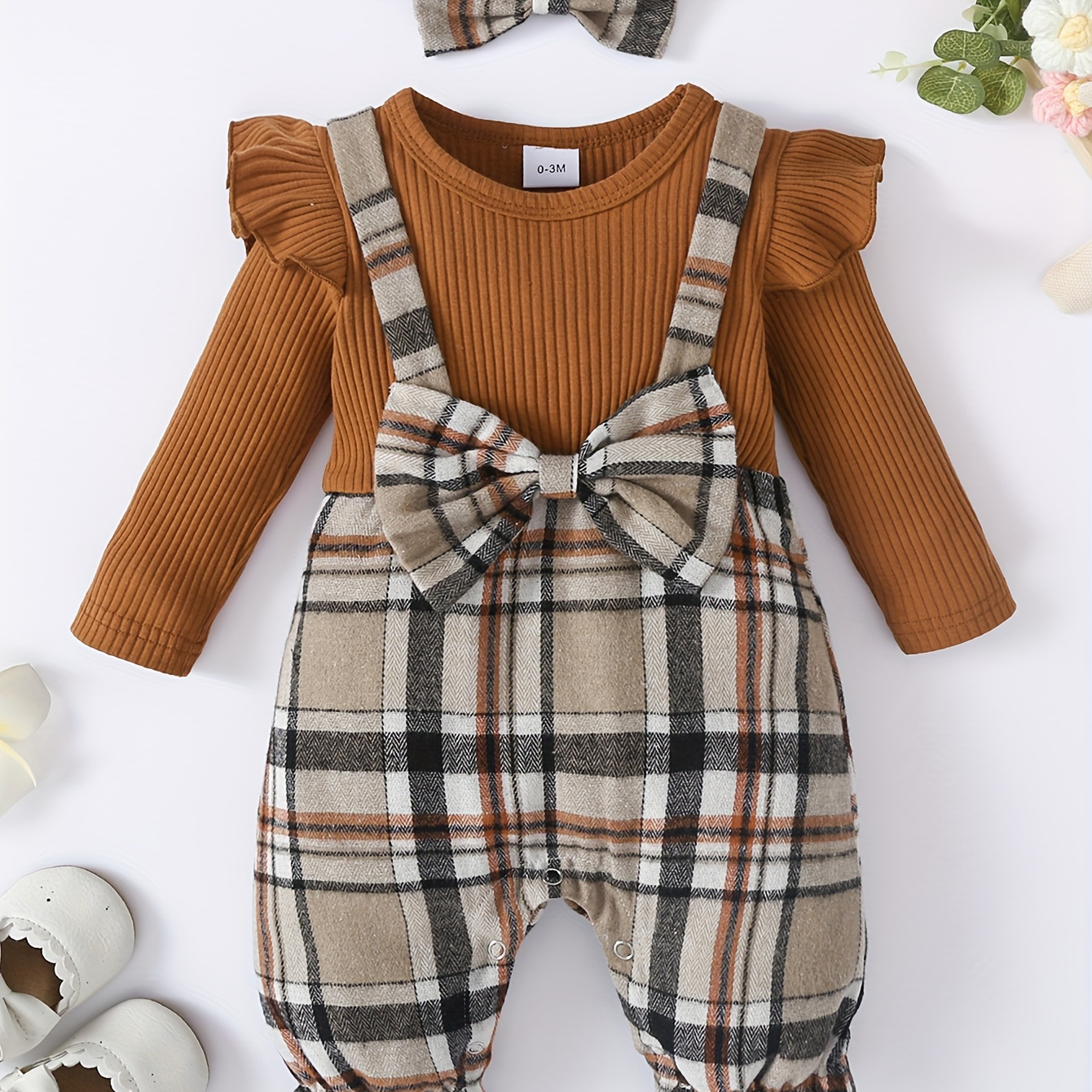 

Baby Girls Outfits Long Sleeve Romper Plaid Bow Jumpsuit Cute Baby Clothes Outfits With Gift Headband Set 0-18 Months Newborn Girl Onesie