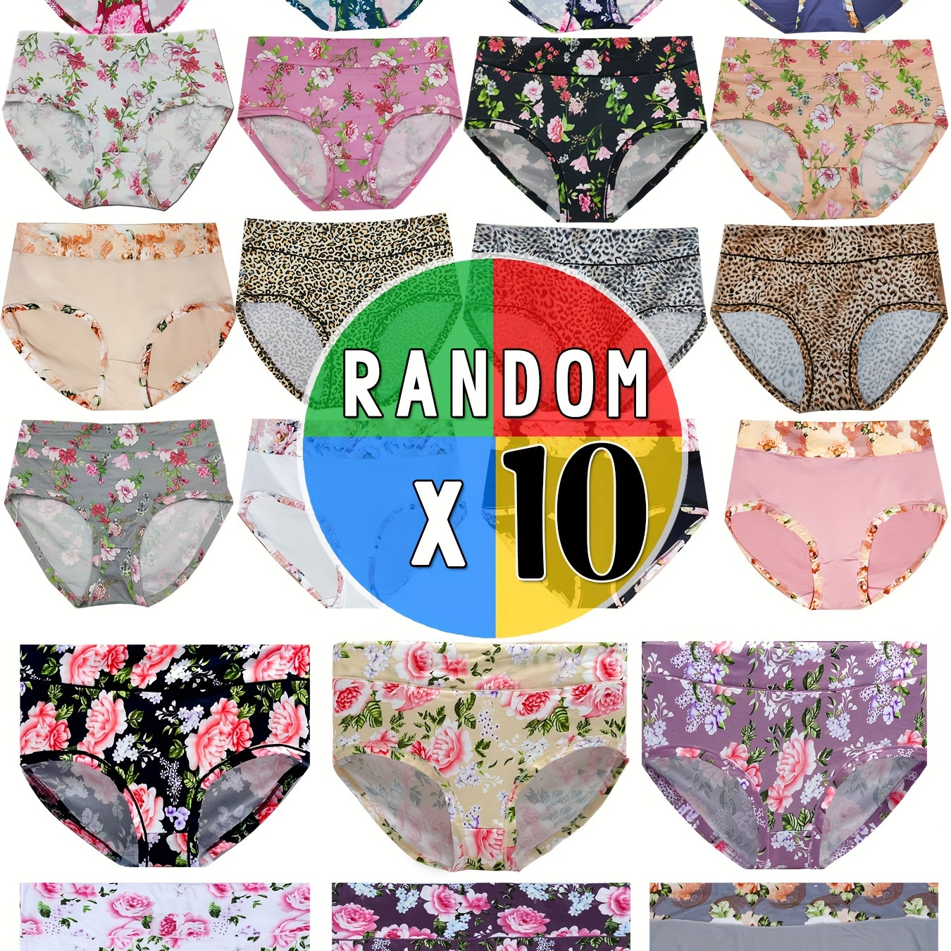 

10pcs Of Random Color Women's Underwear Plus Size Solid Floral Leopard Plus Fat Waist Breathable Briefs