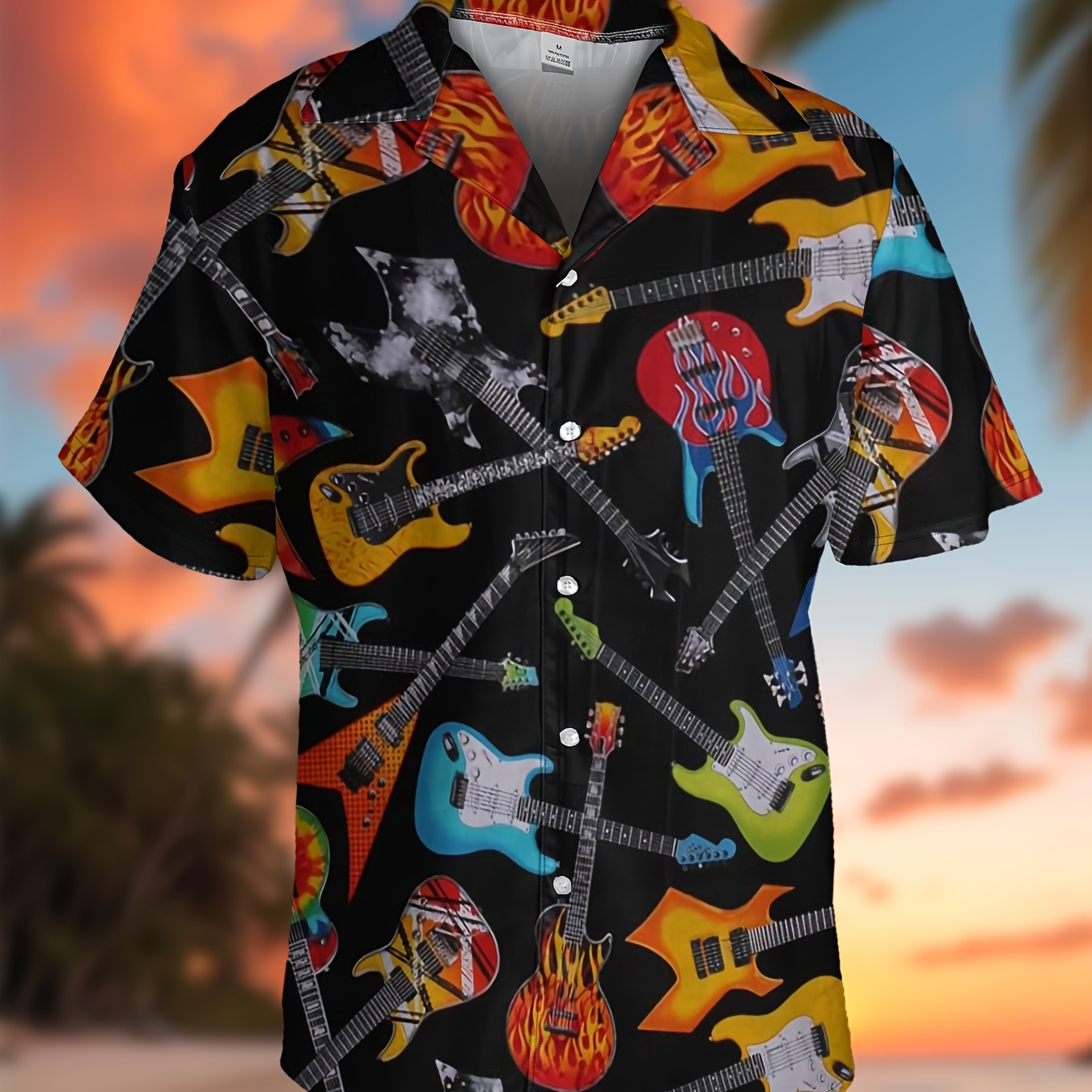 

Haut de chemise à à manches courtes imprimé sur tout le motif de guitares pour hommes, chemise boutonnée décontractée pour hommes pour un d'été et les centres