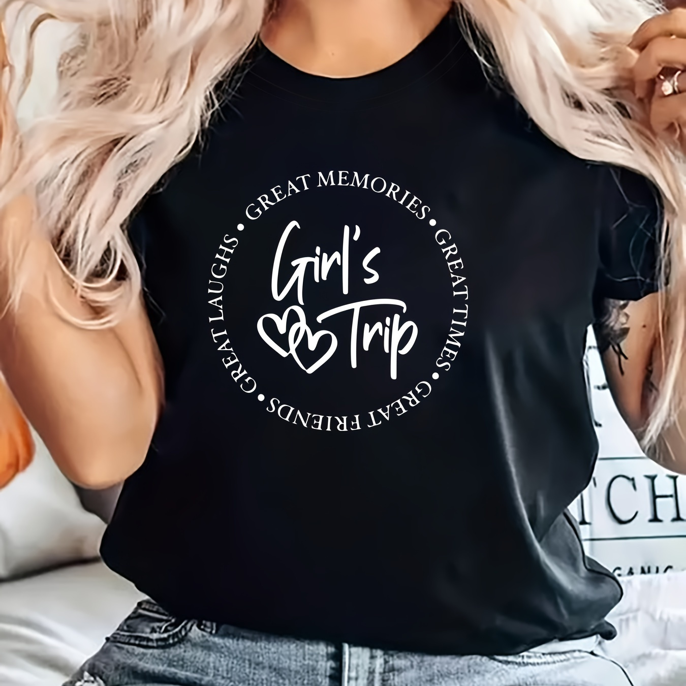 

Girl's Trip Letter Print T-shirt, Short Sleeve Crew Neck Casual Top For Summer & Spring, Women's Clothing