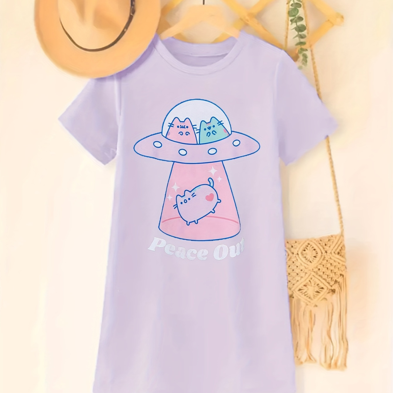 

Girls' Casual T-shirt Dress, Cute Ufo & Cat & "peace Out" Design, Round Neck Fashion Comfort Spring Summer Tee Dress, Adorable Girl's Clothing Gift