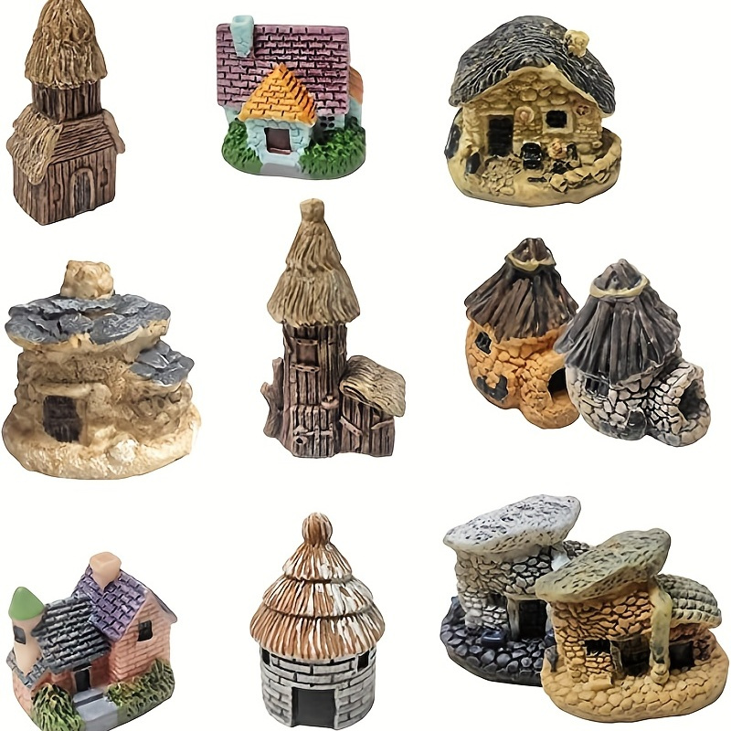 9pcs Miniature House Resin Statues, Fairy Garden House Cottage For Garden Patio Micro Landscape Yard Bonsai Decoration