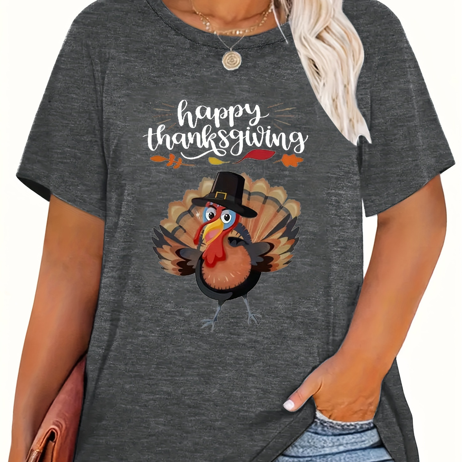 

Plus Size Fun & Thanksgiving Graphic Tee - Crew Neck, Short Sleeve, Stretchy Polyester , Machine Washable - Women', Thanksgiving