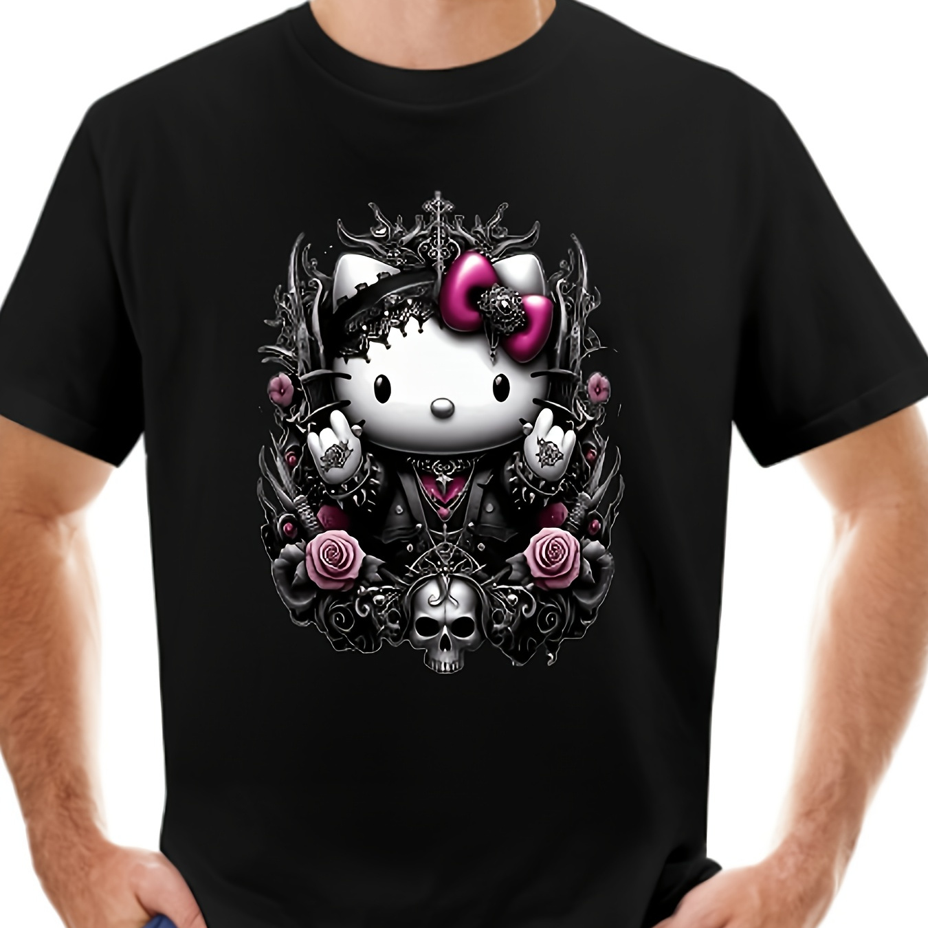 

Sanrio Hello Kitty Men's Cotton T-shirt - Cute Cartoon Print, Casual Round Neck Tee, Machine Washable