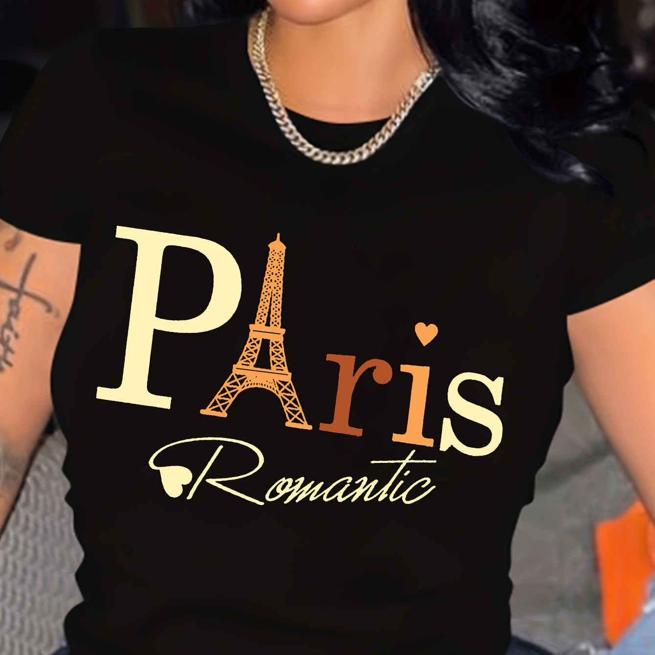 

T-shirt Imprimé Tour De Paris & Lettre, Haut Décontracté À Manches Courtes Et Col Rond Pour L'été Et Le Printemps, Vêtements Pour Femmes