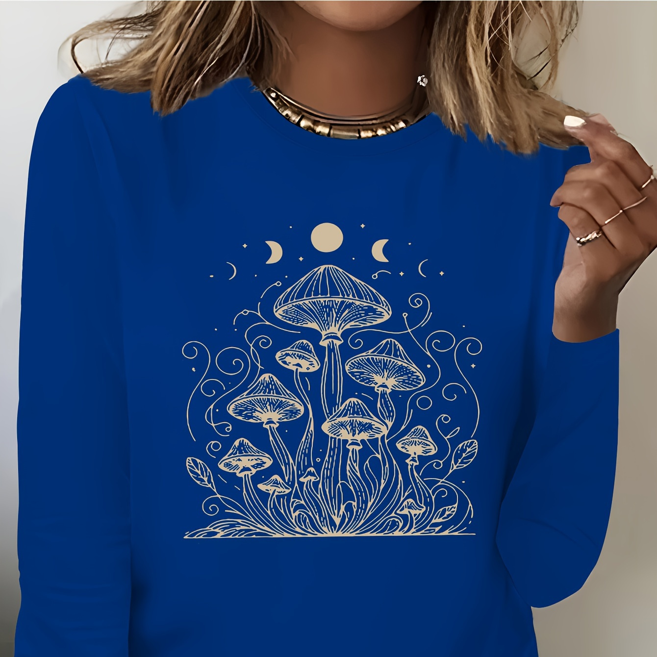 

Mushroom Print T-shirt, Long Sleeve Crew Neck Casual Top For Spring & Fall, Women's Clothing