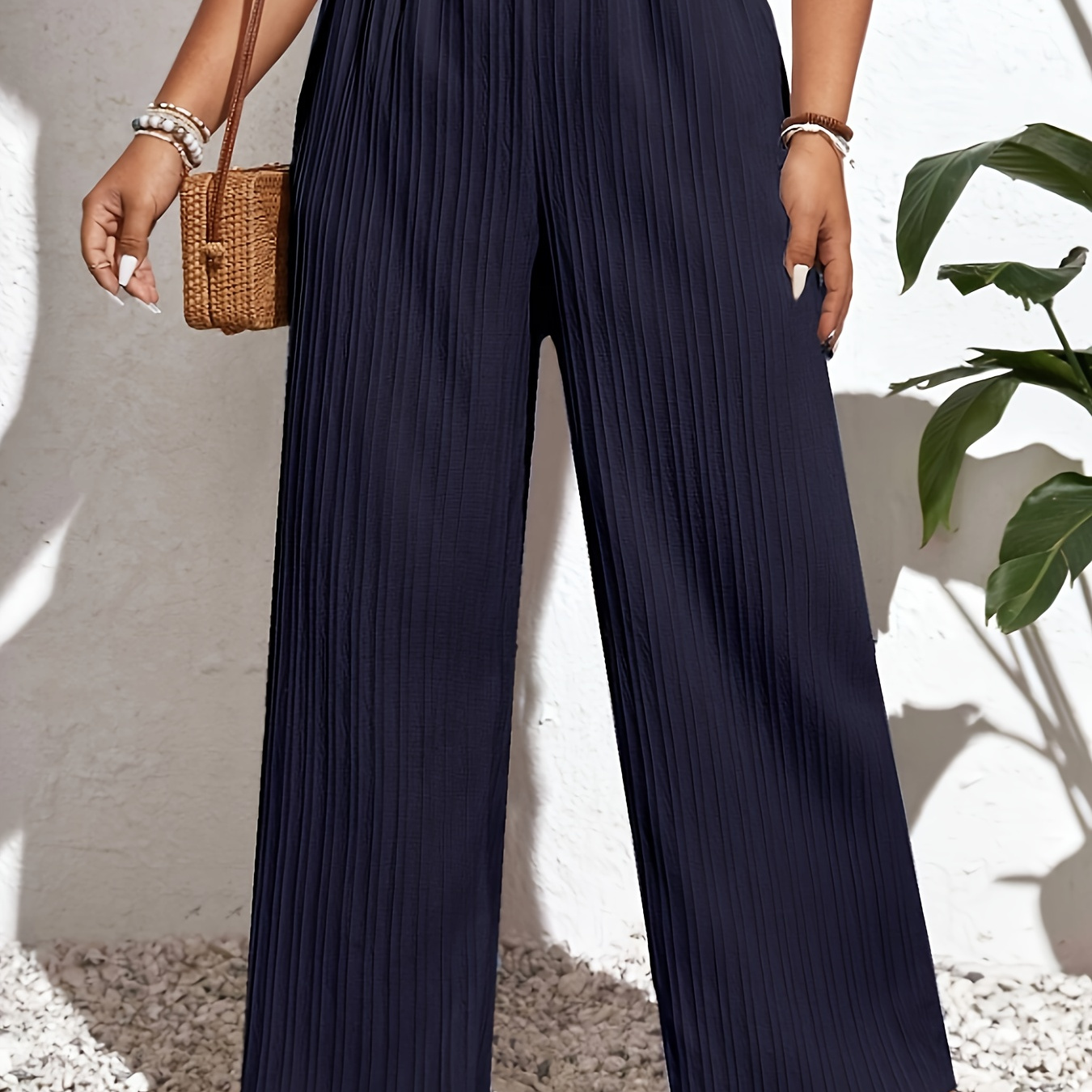 

Plus Size Striped Textured Wide Leg Pants, Casual Elastic Waist Pants For Spring & Fall, Women's Plus Size Clothing