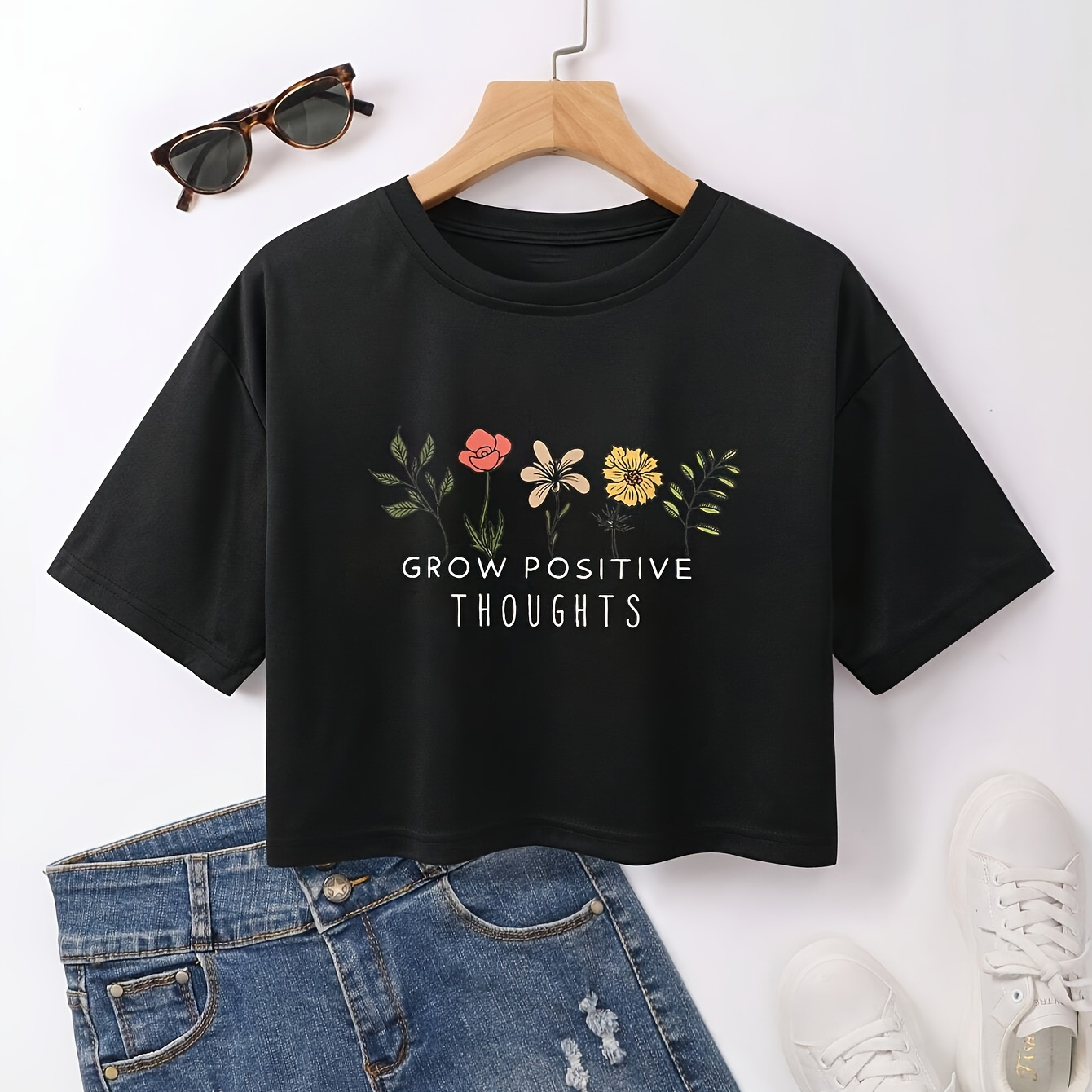 

Grow Positive Thoughts Print Crop T-shirt, Casual Short Sleeve Crew Neck T-shirt, Women's Clothing