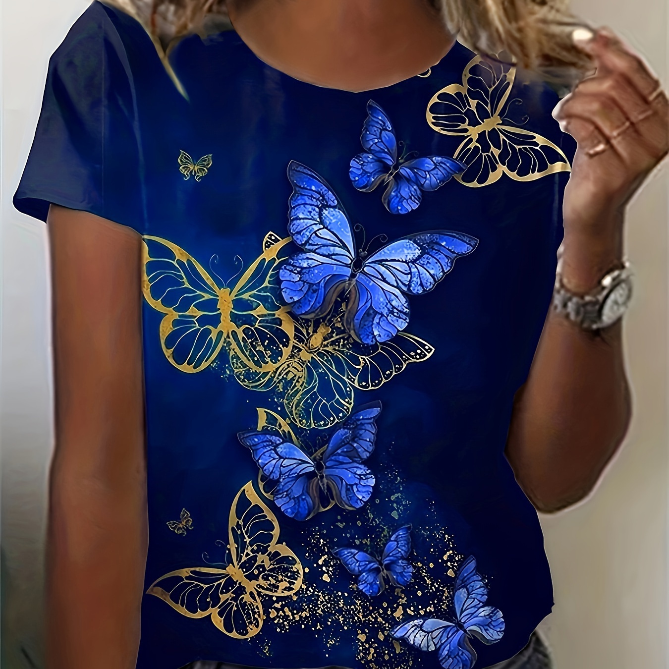 

Plus Size Casual T-shirt, Women's Plus Butterfly Print Short Sleeve Round Neck Loose Fit T-shirt