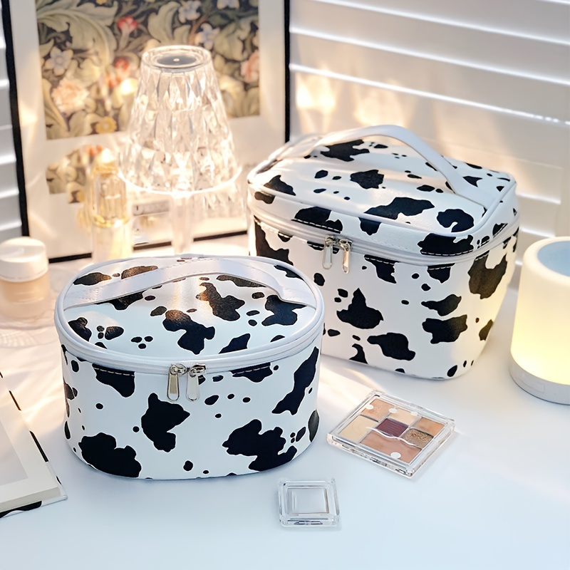 Cow Print Makeup Bag, Portable Travel Toiletry Bag, Faux Leather Storage Handbag