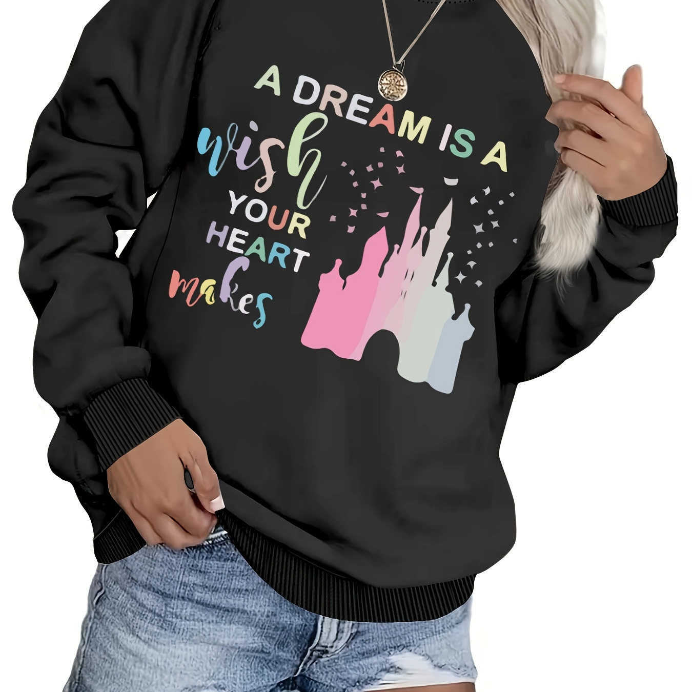 

Plus Size Castle Print Pullover Sweatshirt, Casual Long Sleeve Crew Neck Sweatshirt For Fall & Spring, Women's Plus Size Clothing