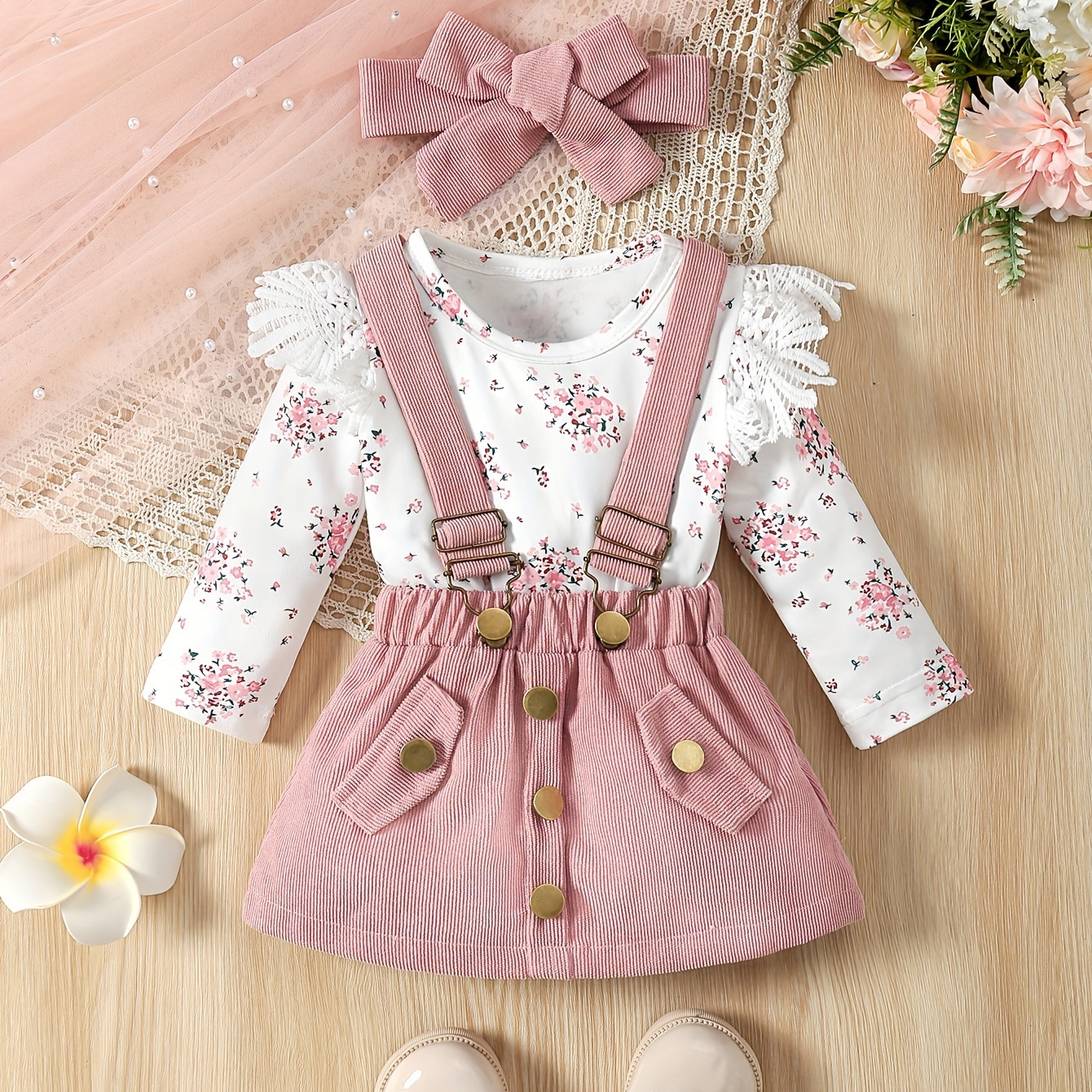 

2pcs 's Bodysuit + Hairband + Skirt, Toddler & Infant Girl's Clothing Set For Fall, Cloth