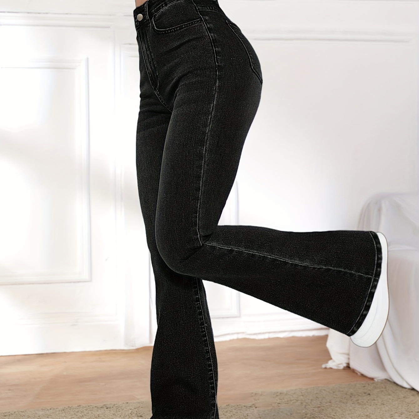 

Pantalon évasé en denim pour femme - Style - Haute élasticité - Couleur unie - Longueur longue - Coupe ajustée - Tenue décontractée - Toutes - Denim - Tissé - Fermeture à bouton