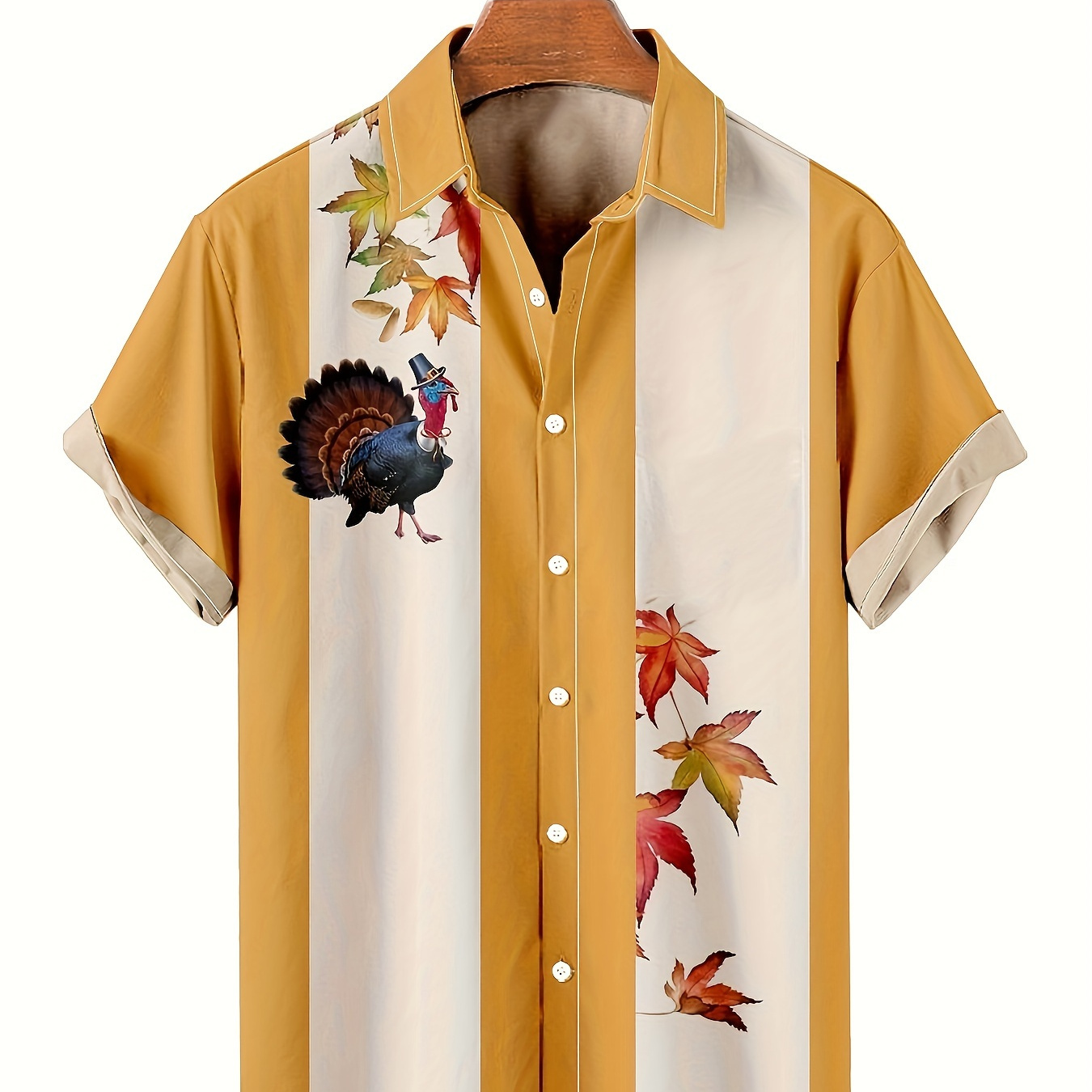 

Men's Thanksgiving Themed Print Short Sleeve Lapel Shirt For Summer, Casual Comfy Shirts As Gift