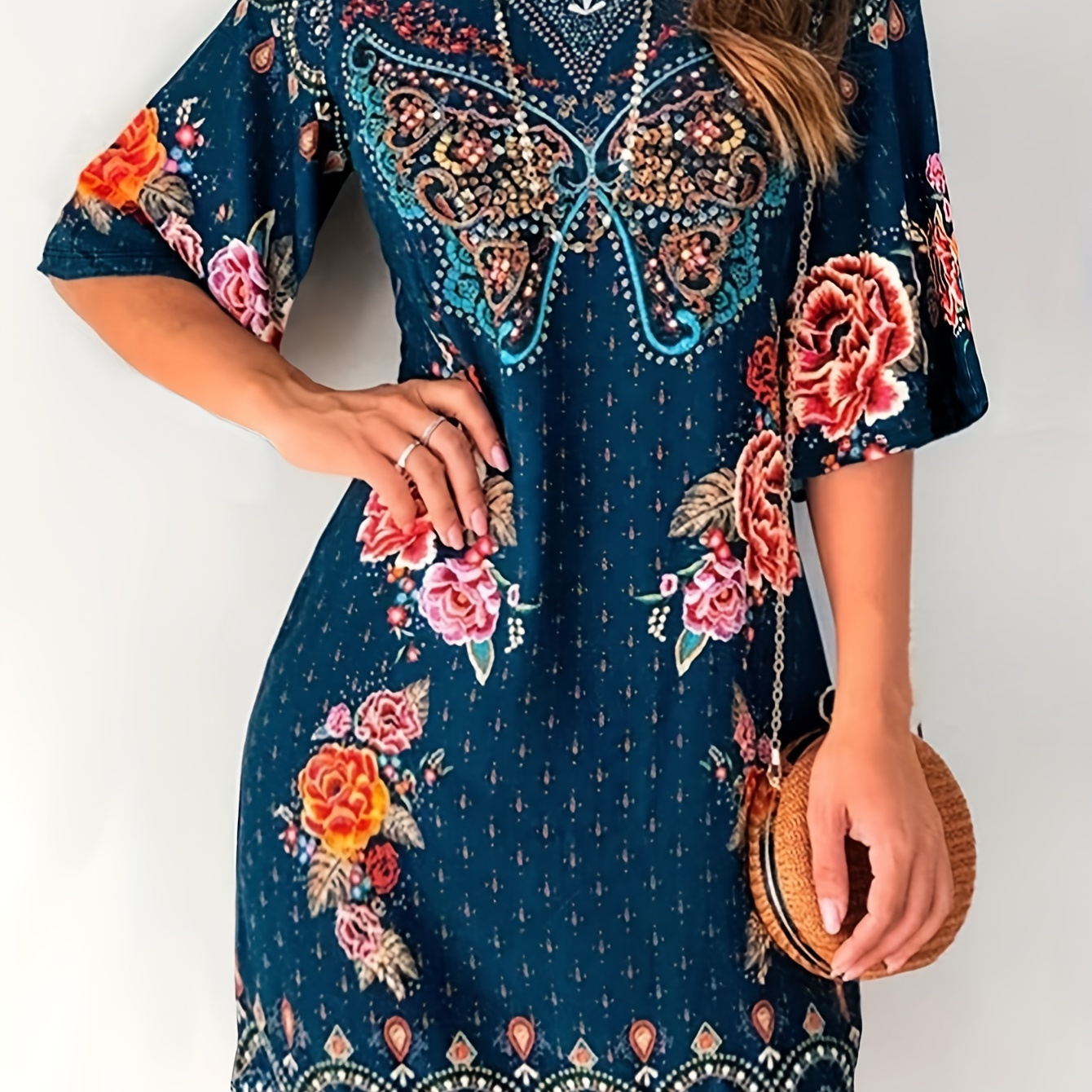 

Floral Print Crew Neck Loose Dress, Vintage Half Sleeve Dress For Spring & Summer, Women's Clothing