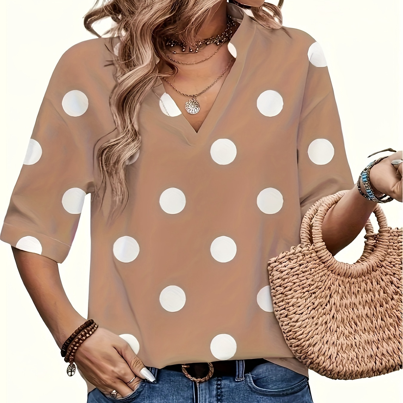 

Polka Dot V-neck Blouse, Elegant Short Sleeve Blouse Top For Spring & Summer, Women's Clothing
