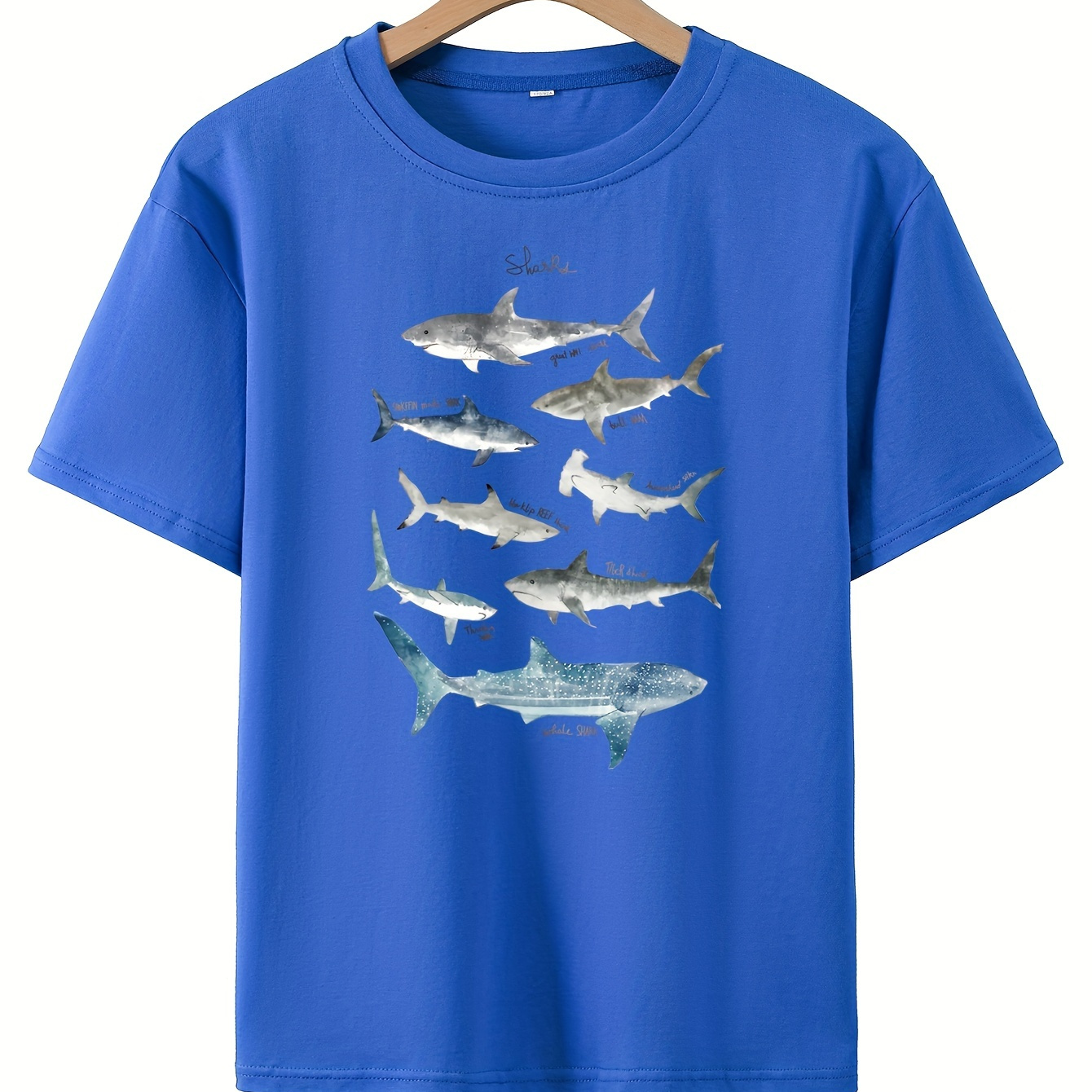 

Shark Group Print Boy's Creative Cotton T-shirt, Casual Short Sleeve Crew Neck Pullover Top Summer Clothing