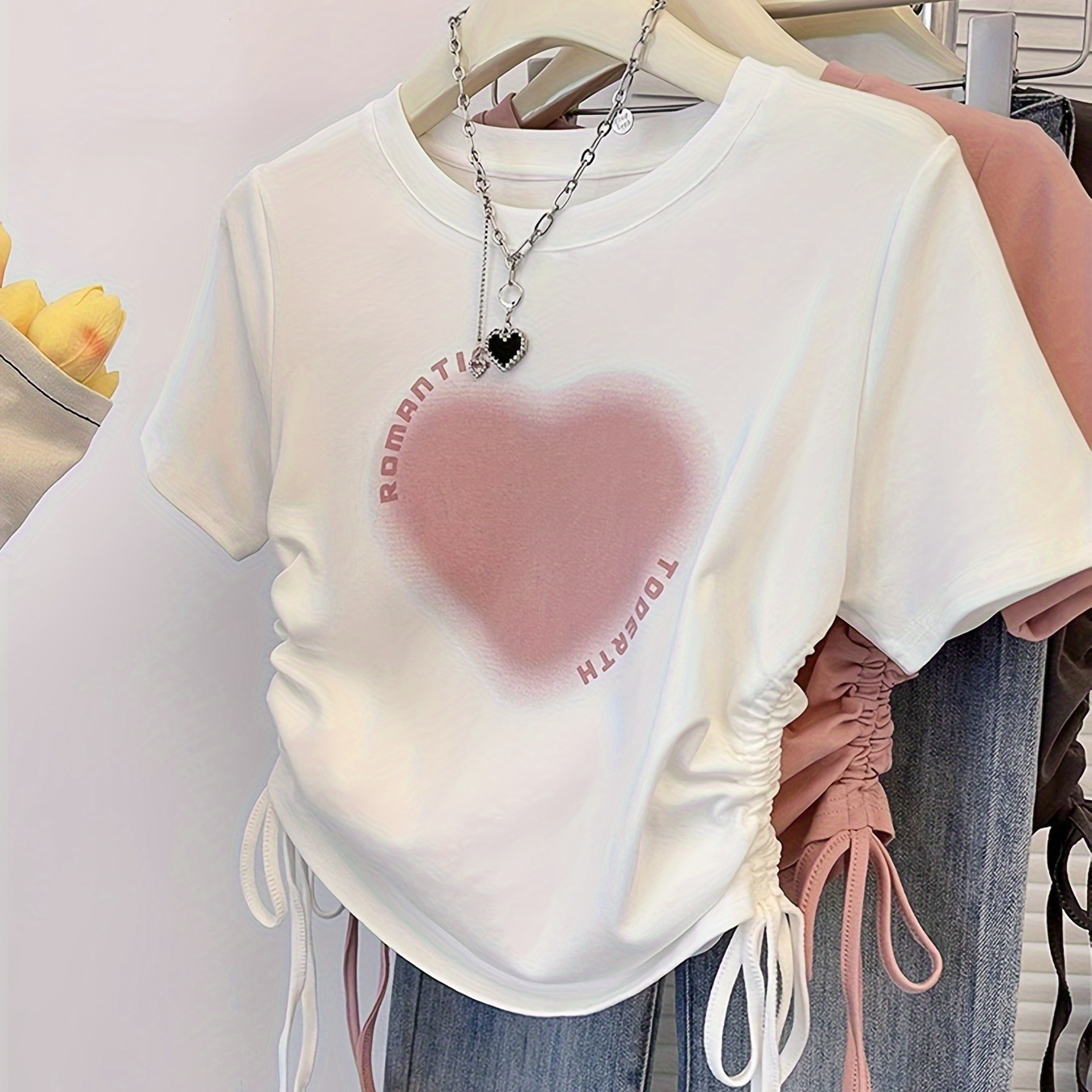 

Heart Print Crew Neck T-shirt, Drawstring Short Sleeve Casual Top For Summer & Spring, Women's Clothing