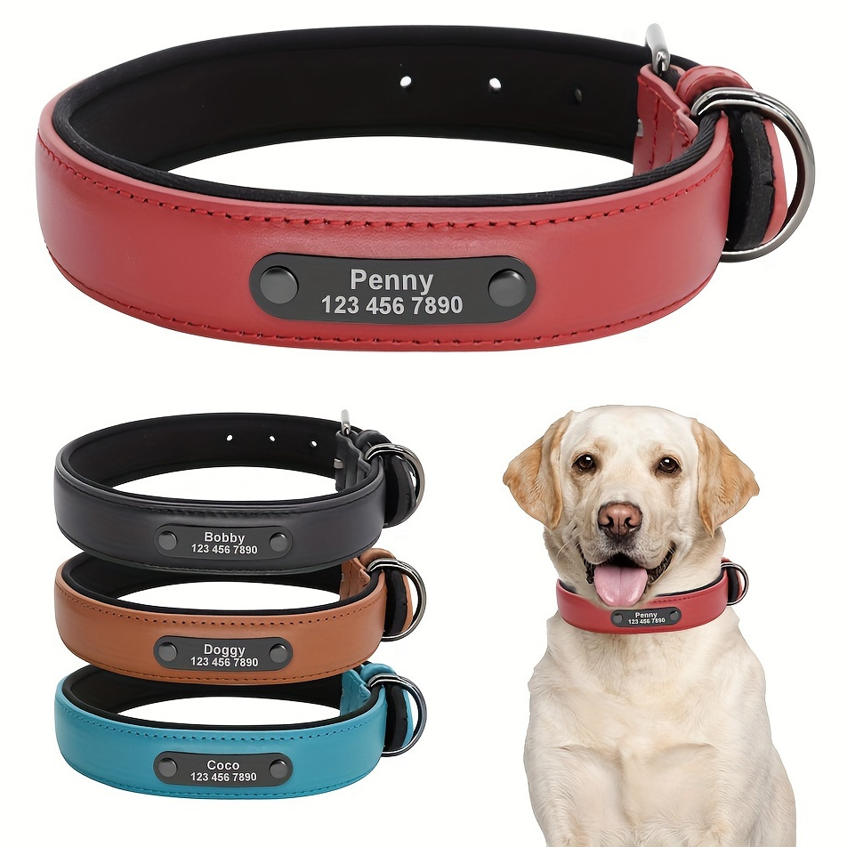 

Personalized Durable Leather Dog Collars With Engraved Nameplate, Custom Pet Name And Phone Number, Soft Padded Dog Anti-lost Collar For Small Medium Large Dogs