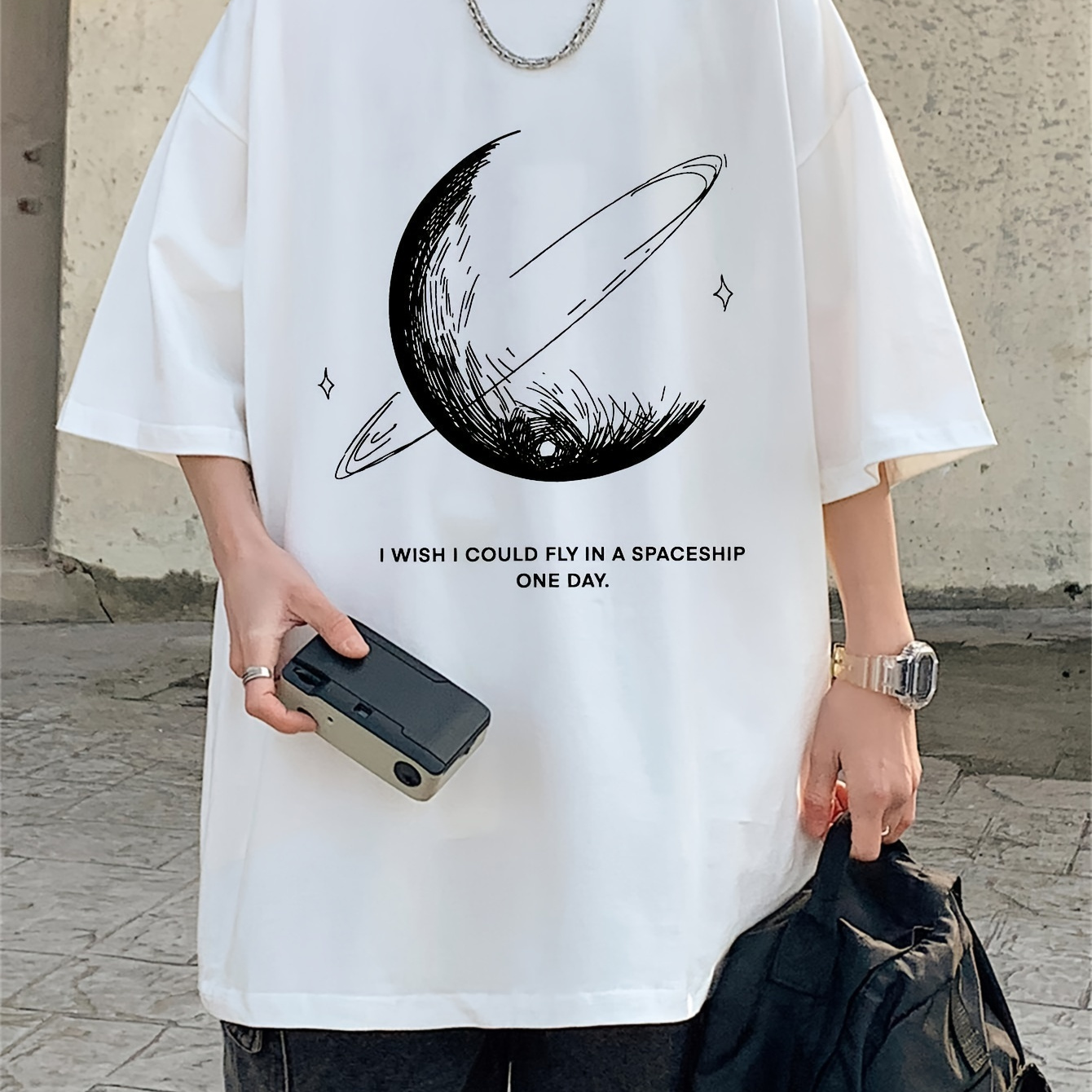 

Men's 100% Cotton Moon Print T-shirt, Casual Short Sleeve Crew Neck Tee, Men's Clothing For Outdoor