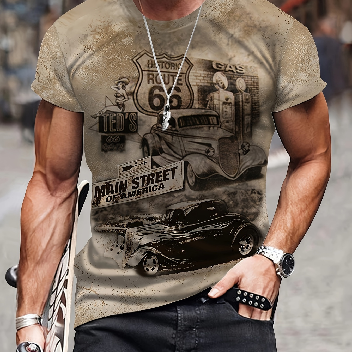 

Men's Retro Style Classic Car Pattern And Road Sign Print "route 66" "main Street Of America" Crew Neck And Short Sleeve T-shirt, Casual And Chic Tops For Summer Street Wear