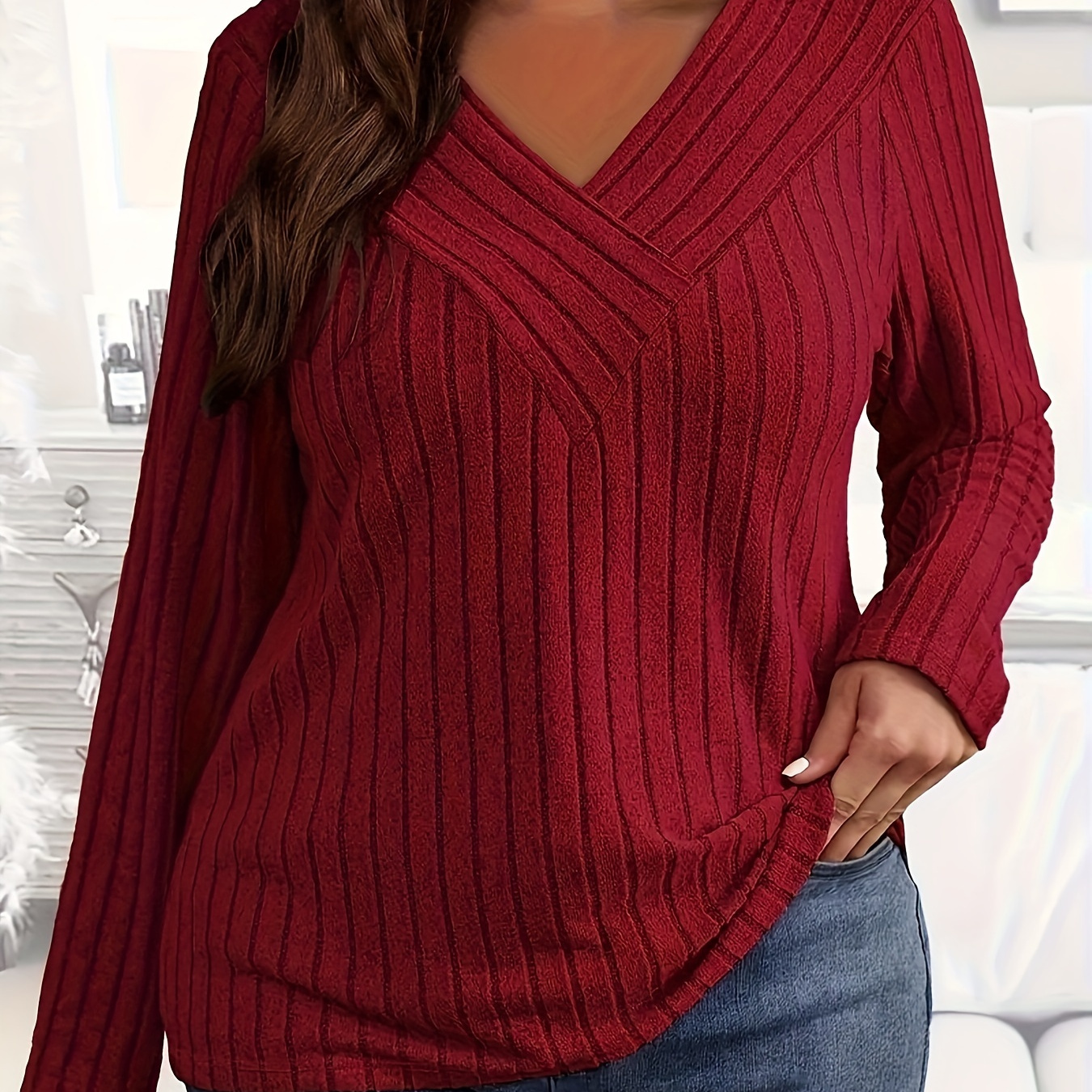 

[top-] V- Top For Women - Long Sleeve, Stretchy Polyester, , Non-sheer - For Fall/, 0xl To 4xl