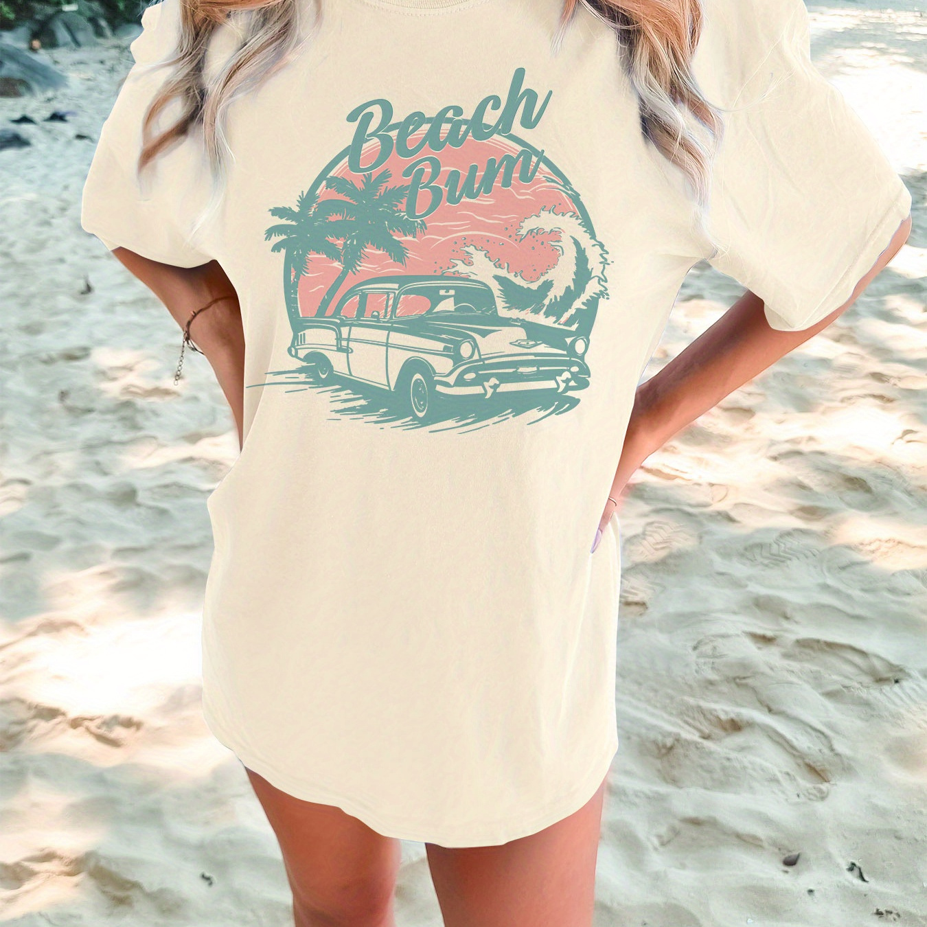 

Beach Bum Print T-shirt, Short Sleeve Crew Neck Casual Top For Summer & Spring, Women's Clothing