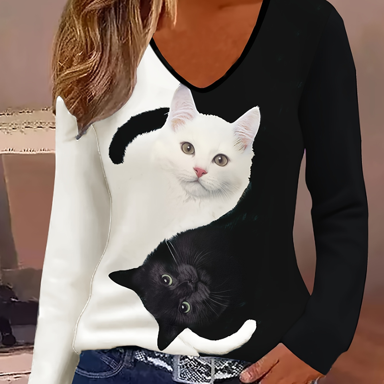 

T-shirt à manches longues et col en V pour femme, imprimé chat 3D, polyester décontracté, motif animal, longueur standard, haut tendance printemps/été/automne