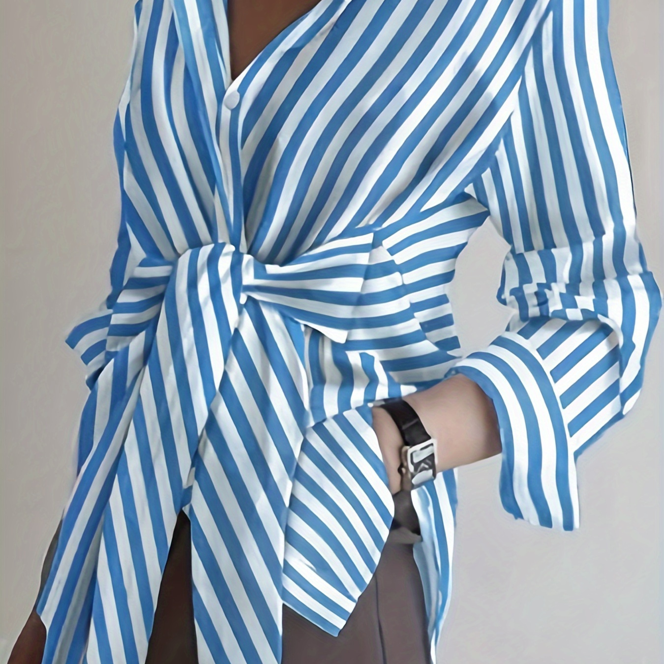

Striped Print Single-breasted Blouse, Casual Collared Tie Waist Long Sleeve Blouse For Spring & Fall, Women's Clothing
