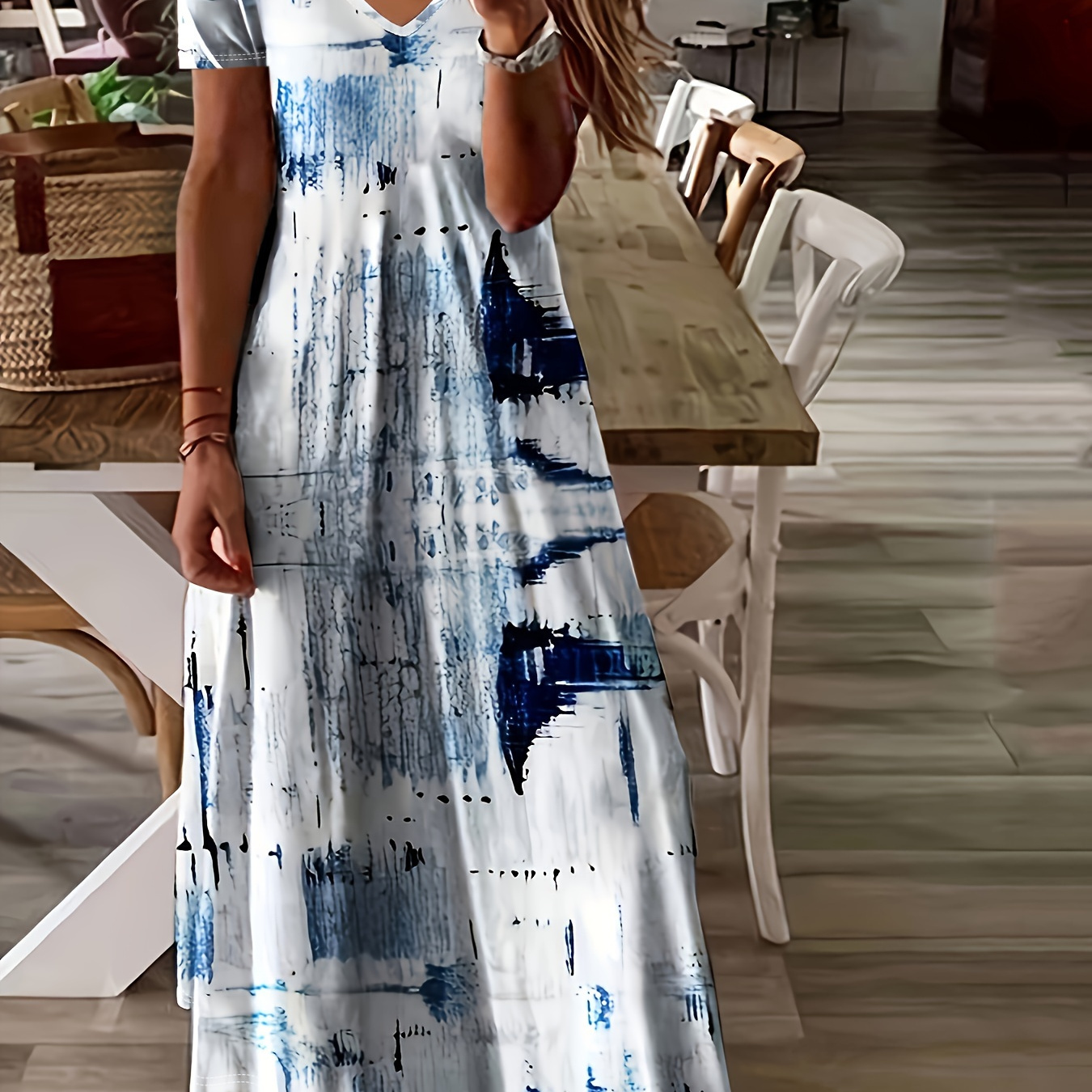 

Plus Size Abstract Print Maxi Dress, Casual V Neck Short Sleeve Dress For Spring & Summer, Women's Plus Size Clothing