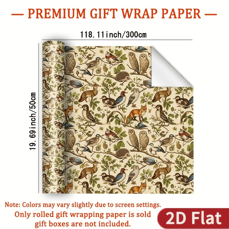 TEMU 1 Roll 2d Flat Vintage And Illustration Wrapping Paper Gift High-gloss Wrapping Paper - Base With Vintage Realistic Forest Birds, , And Plant