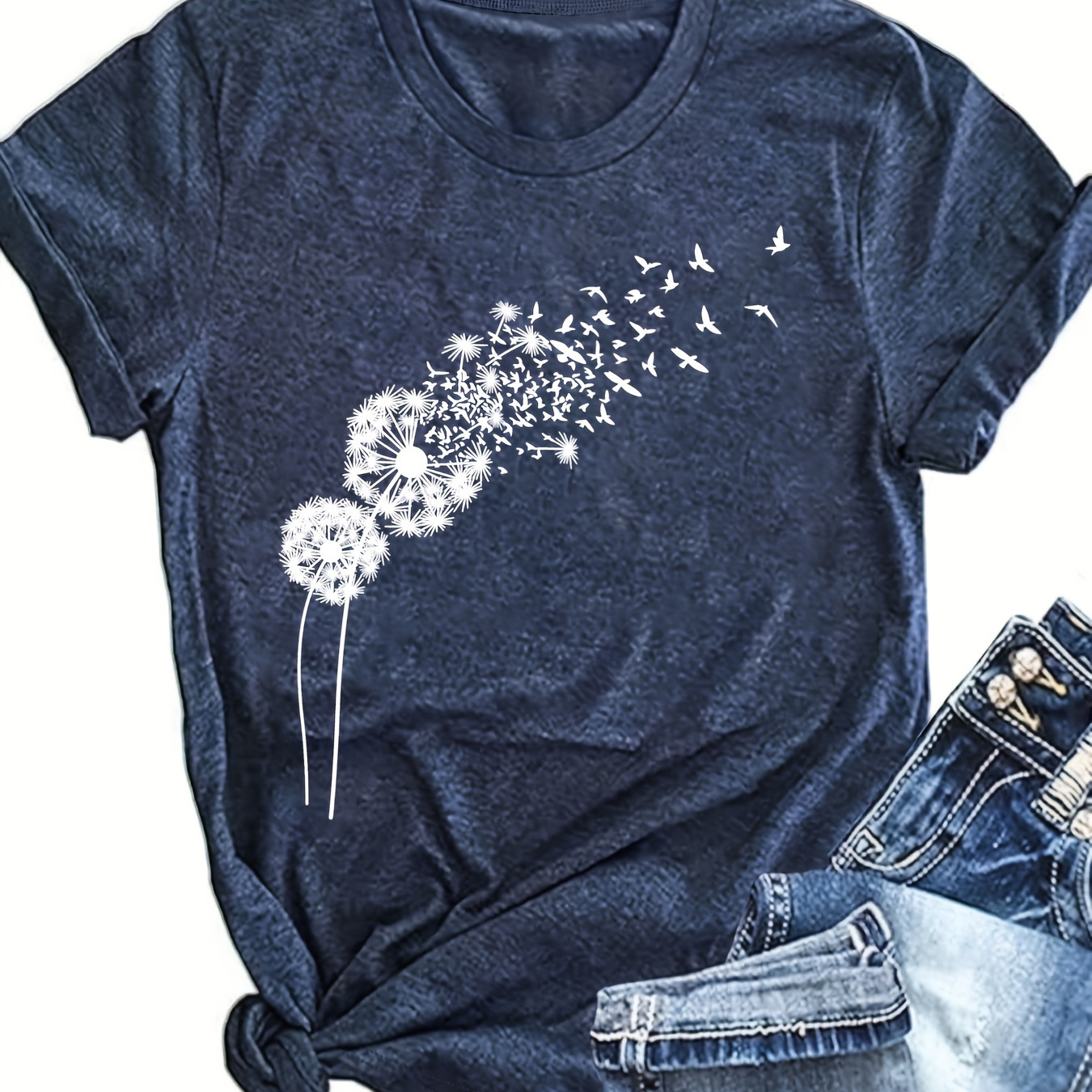 

Dandelion Print Crew Neck T-shirt, Short Sleeve Casual Top For Spring & Summer, Women's Clothing
