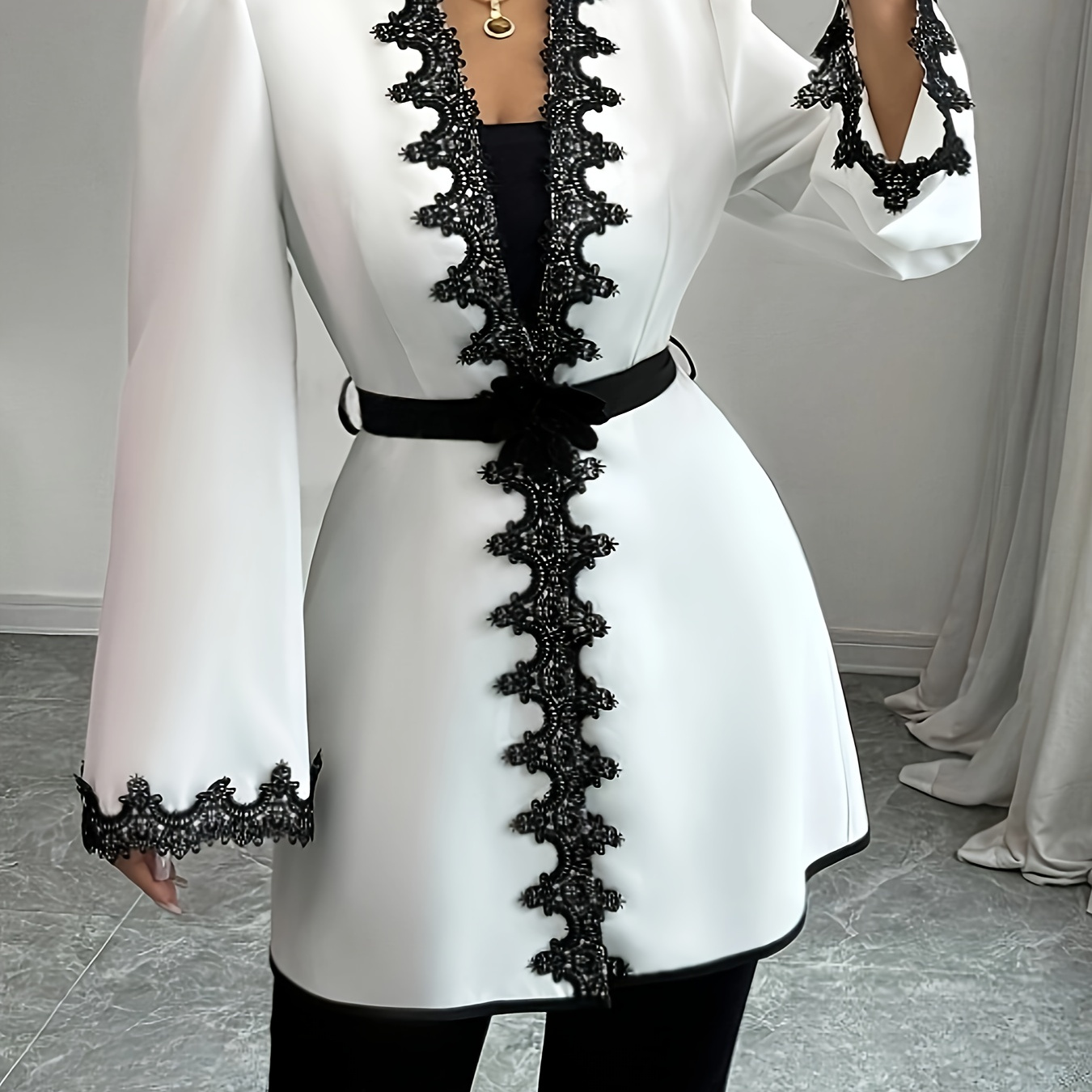 

Elegant V-neck Bodycon Dress For Women, Polyester (95% Polyester, 5% Elastane), Solid Color, Woven, With Lace Trim And Floral Waist Detail, For Spring/fall