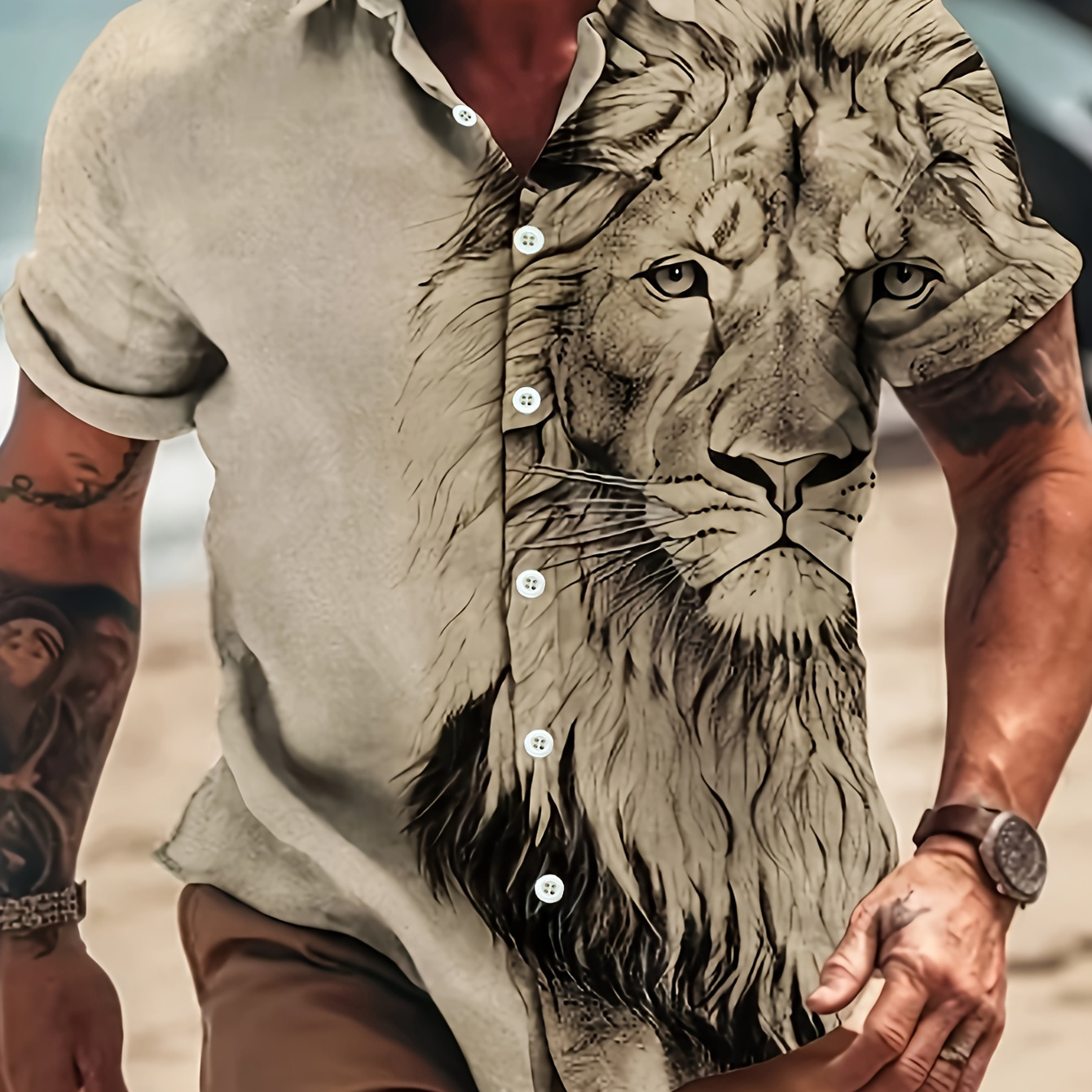 

Plus Size Men's Handsome Shirt, Cool Lion Graphic Print Shirt For Summer, Men's Clothing