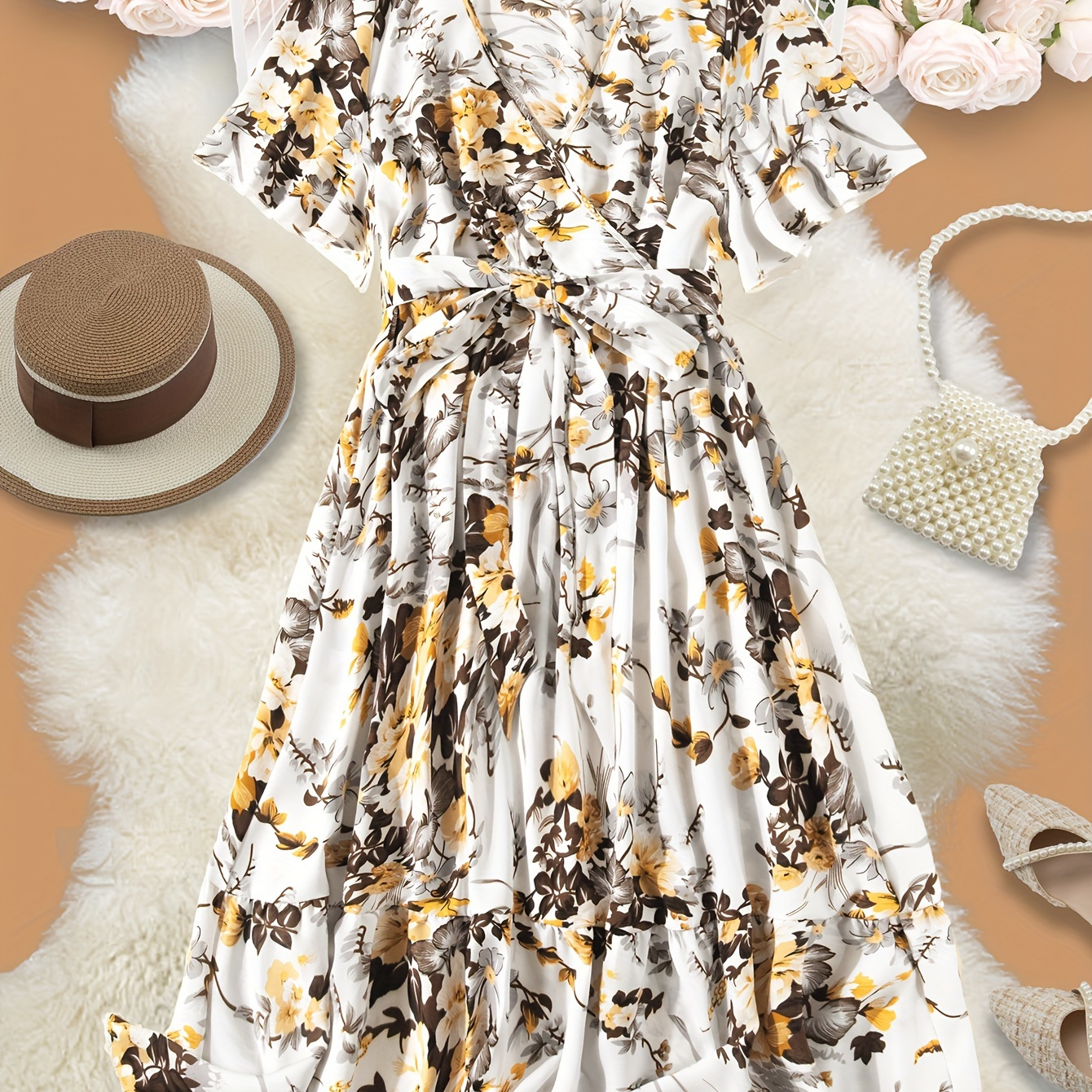 

Plus Size Floral Print Belted Dress, Elegant Short Sleeve Dress For Spring & Summer, Women's Plus Size Clothing