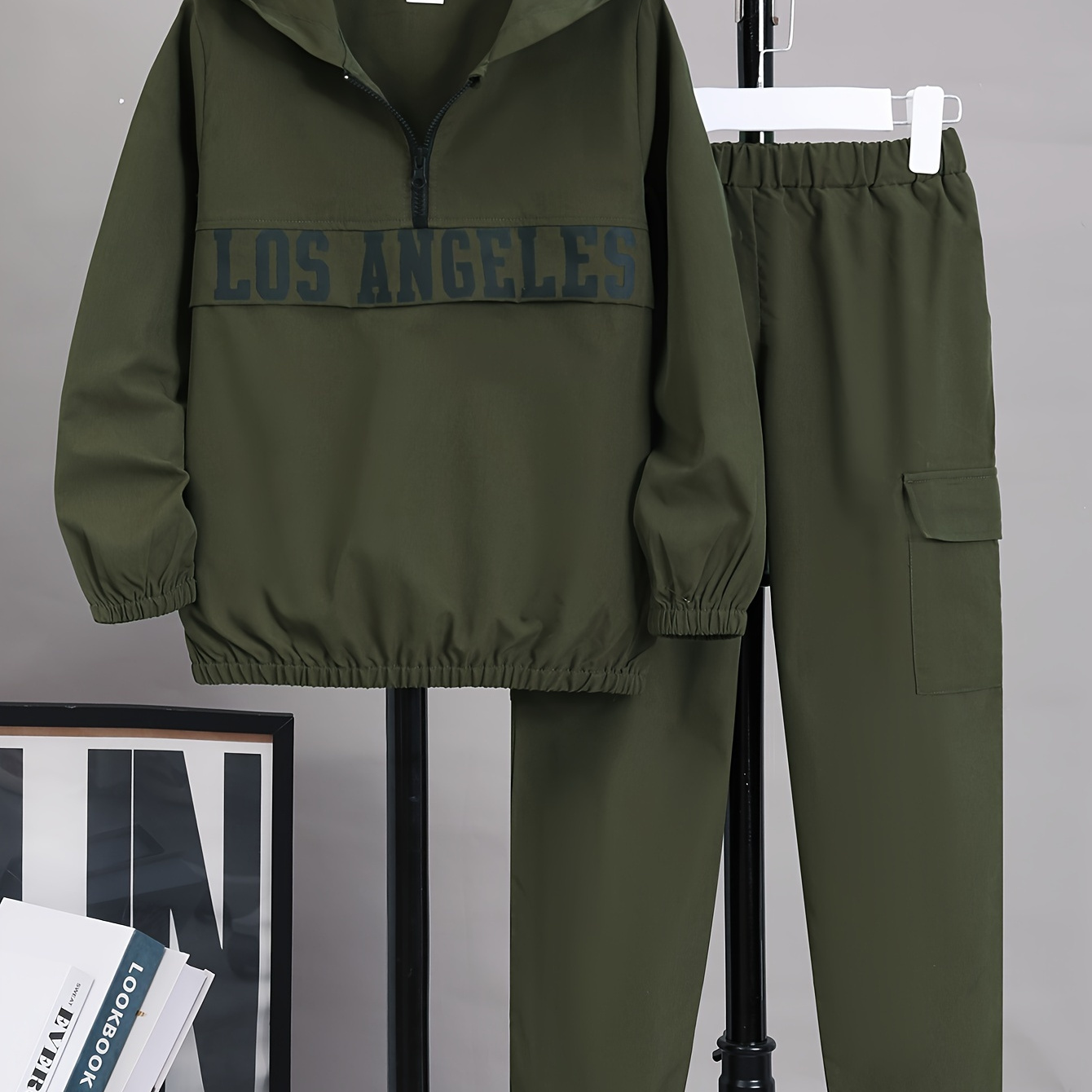 

Los Angeles Letter Print Half Zipper Hoodie & Jogger Pants Set, 2-piece Boys Casual Versatile Co Ord Set For Spring Fall