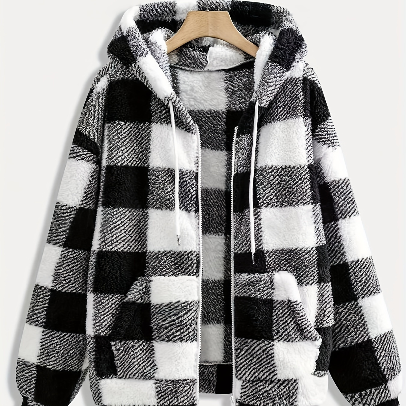 

Plaid Pattern Drawstring Hooded Teddy Coat, Casual Pockets Long Sleeve Thermal Fuzzy Outwear For Fall & Winter, Women's Clothing