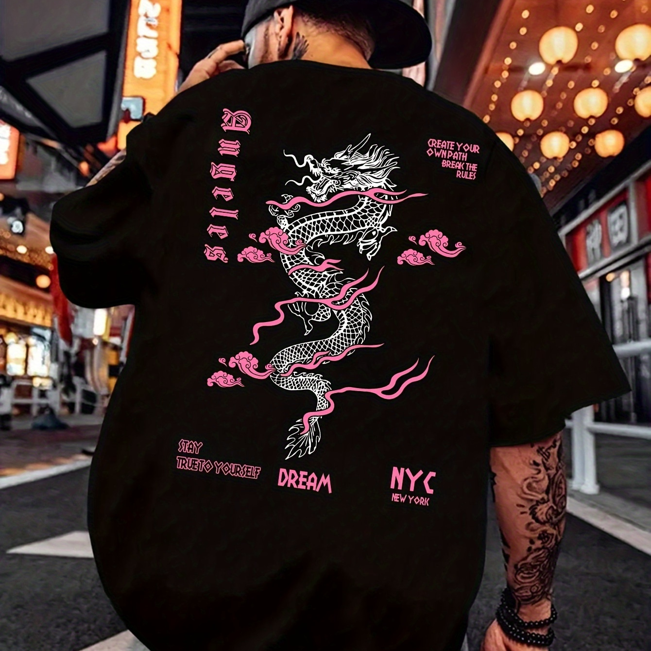 

T-shirt à manches courtes et col rond pour homme, imprimé dragon rose, confortable pour l'été.