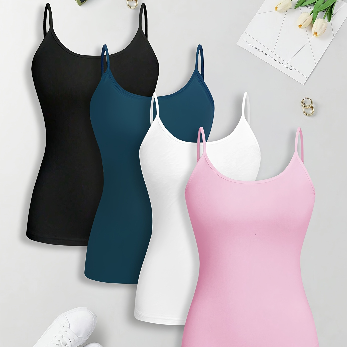 

4-pack Polyester Knit Fabric Camisoles, Solid Color Spaghetti Strap Tank Tops With Slingback Design, Casual Slimming Vest For Spring/summer/fall - 95% Polyester 5% Elastane, 180g/m²