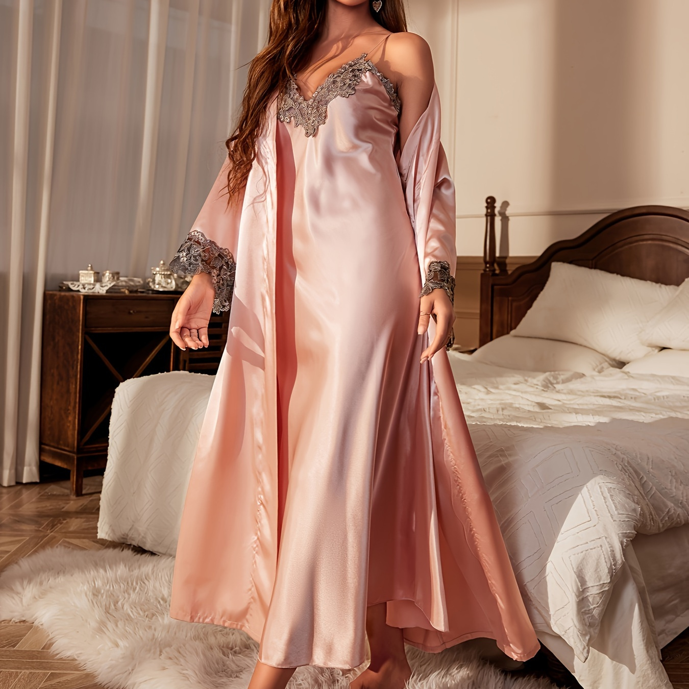 

Contrast Lace Satin Pajama Set, Long Sleeve Robe With Belt & V Neck Slip Dress, Women's Sleepwear & Loungewear