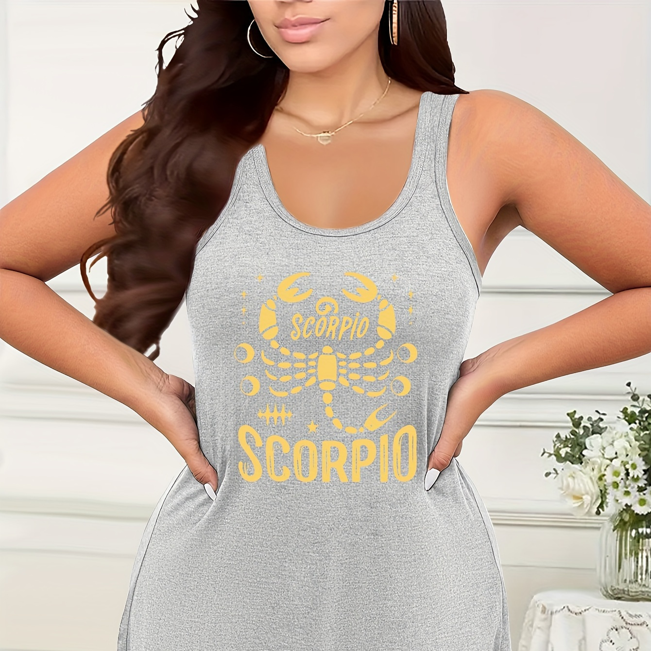 

Plus Size Scorpio Print Tank Dress, Casual Sleeveless Crew Neck Dress For Spring & Summer, Women's Plus Size Clothing