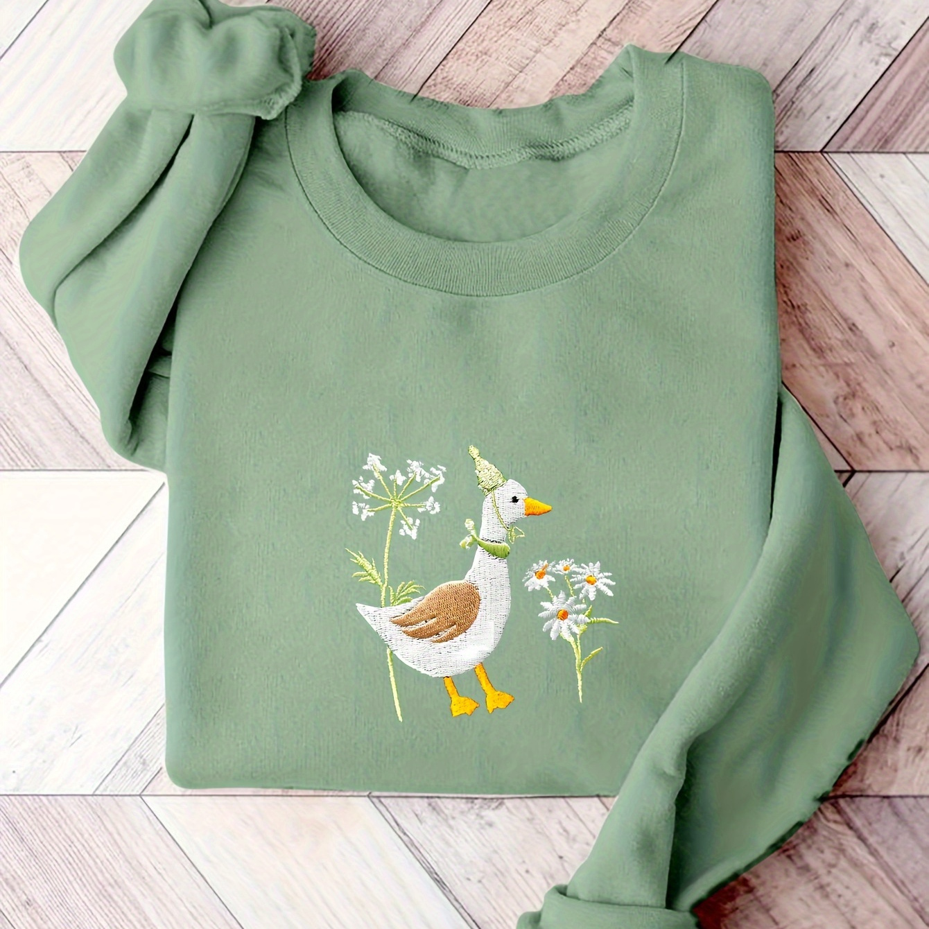 

Women's Casual Polyester Sweatshirt With Crew Neck - Fall/winter Knit Fabric Top With Chrysanthemum & Duck Print, Animal Pattern Design Pullover