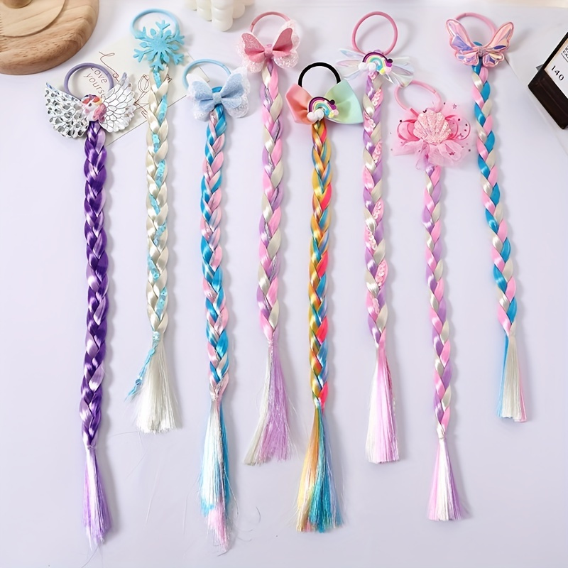 

3pcs Girl Colorful Hair Extensions, Braided Wig Bow Hair Ties, Hair Accessories For Party Performance
