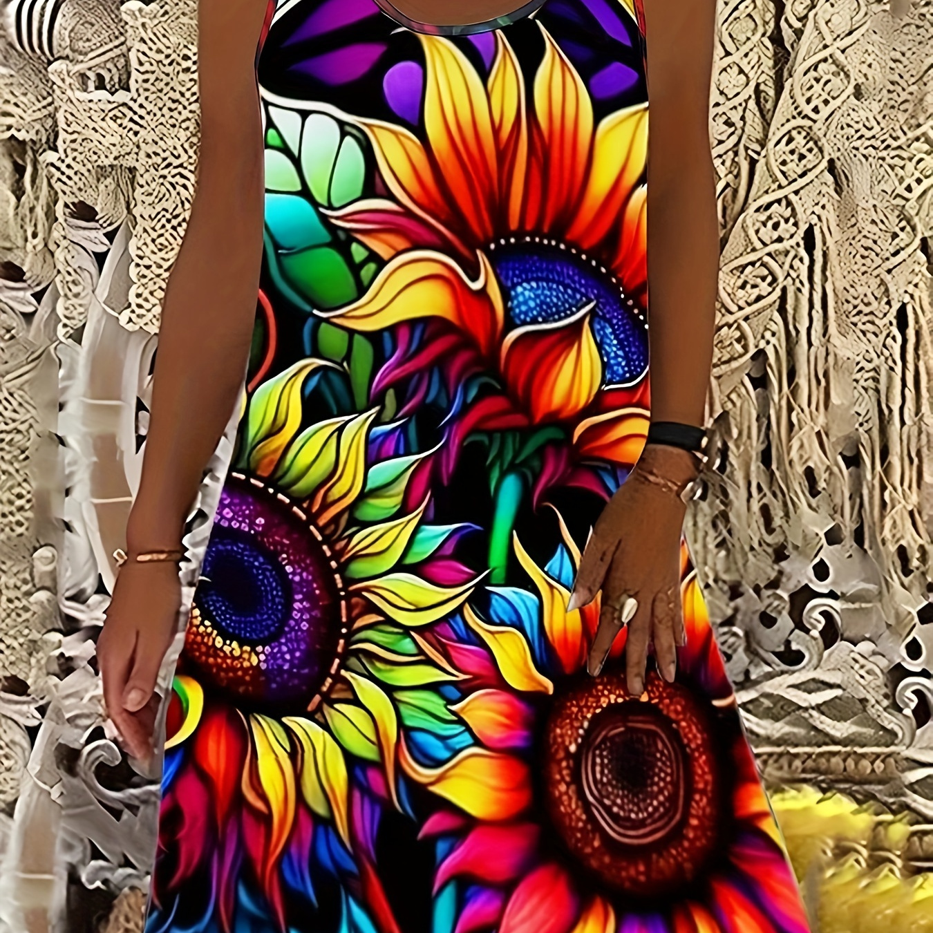 

Plus Size Colorful Sunflower Print Tank Dress, Casual Sleeveless Crew Neck Dress For Spring & Summer, Women's Plus Size Clothing